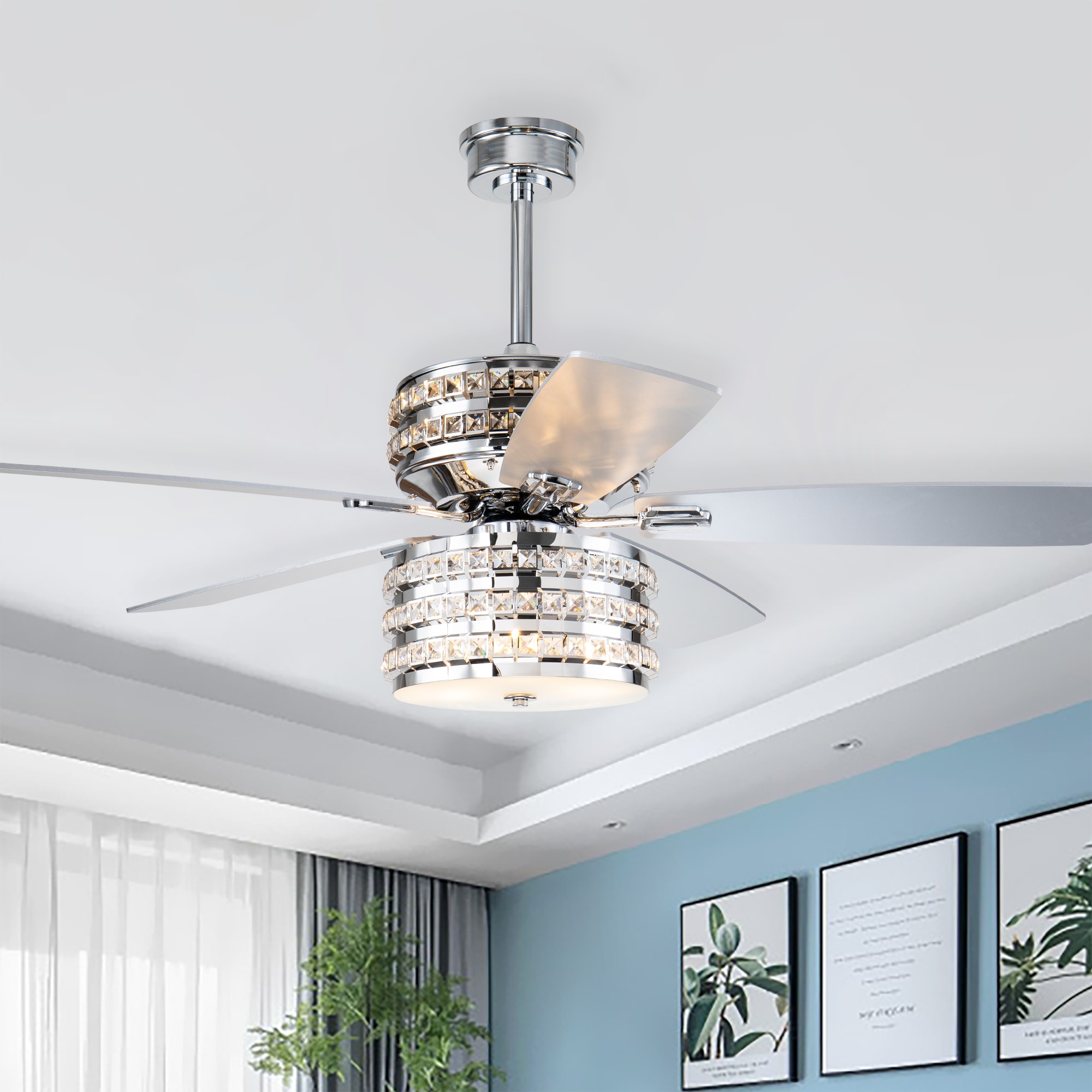 Edvivi FFG775CH Cynthia 52-in Chrome with Silver and Light Brown Blades Ceiling Fan With Light - Remote Included ( 5 -Blade )