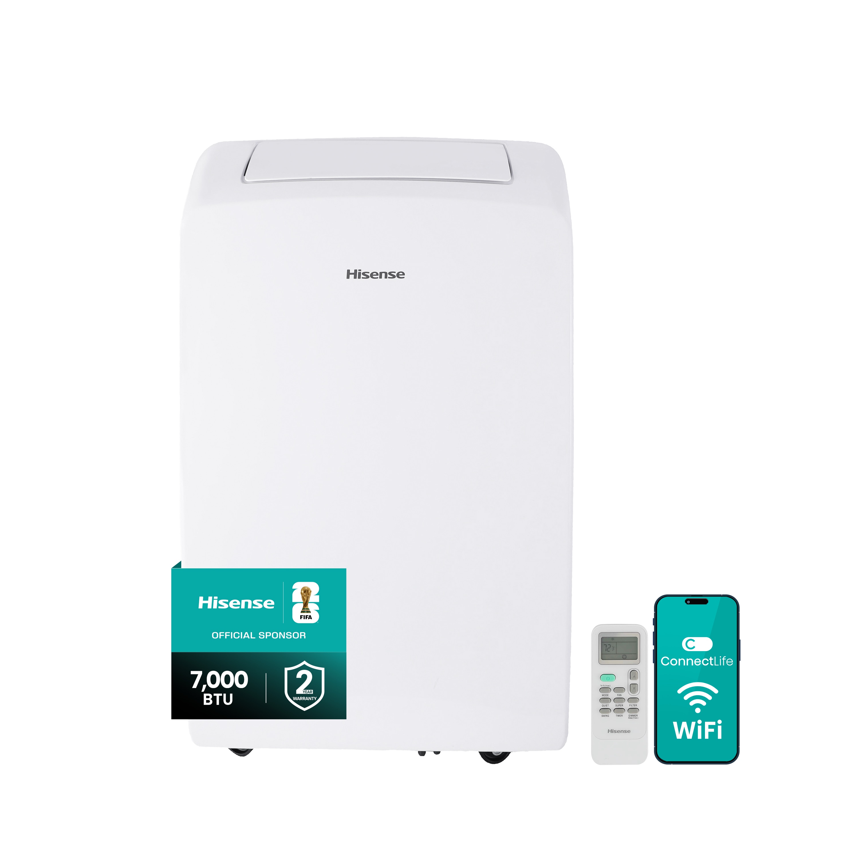 Hisense AP0722CW1W 7000 BTU DOE 115-Volt Vented Small Room Smart Portable Air Conditioner Remote Included
