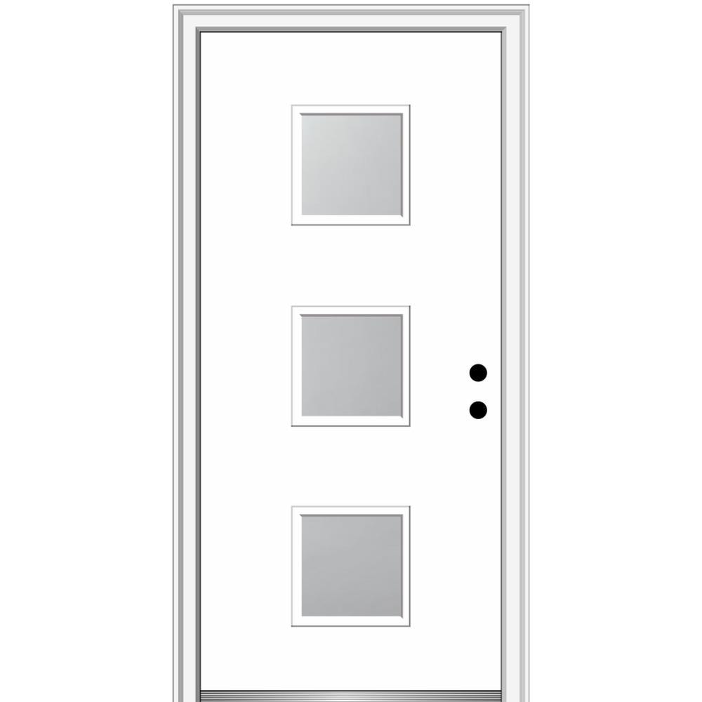MMI DOOR ZZ347469L Spotlights 32-in x 80-in x 4-9/16-in Fiberglass Pulse lite Left-hand inswing Brilliant White Painted Prehung Front Door with Brickmould Insulating core