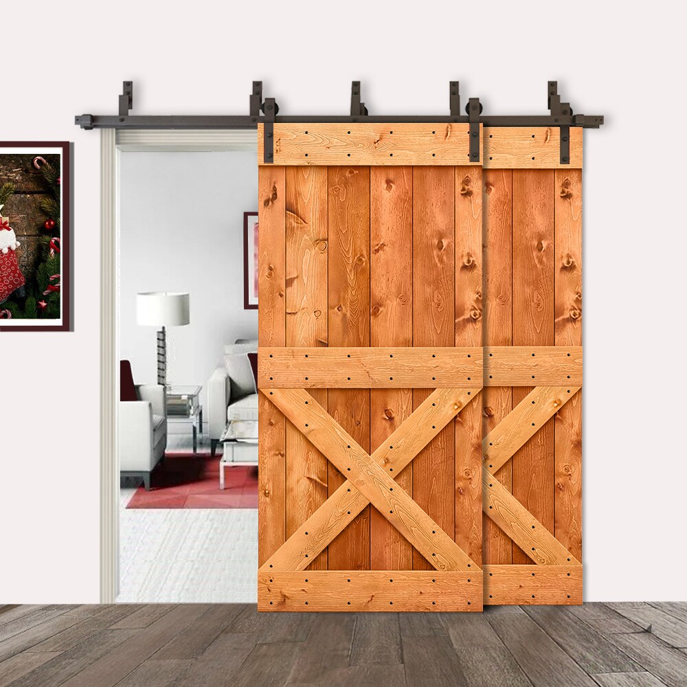 Calhome 72 In X 84 In Red Walnut Knotty Pine Wood Double Bypass Barn Door Hardware Included In