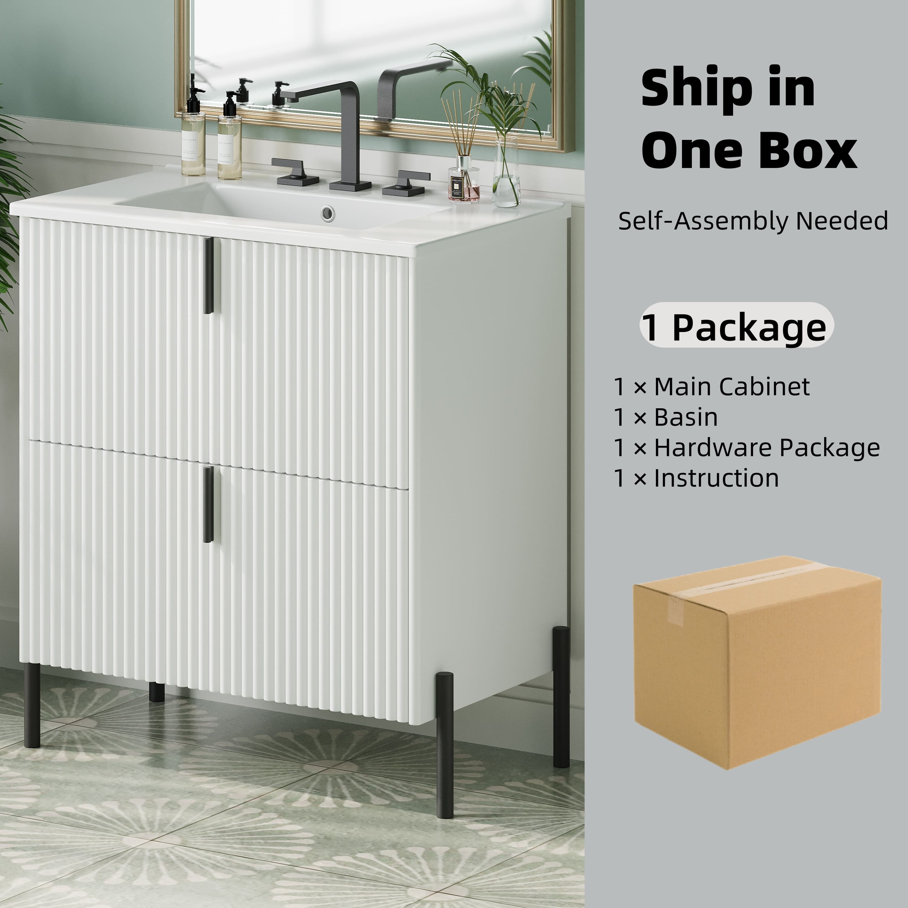 Vynxaria 30 Inch White Fluted Bathroom Vanity with Ceramic Sink One ...