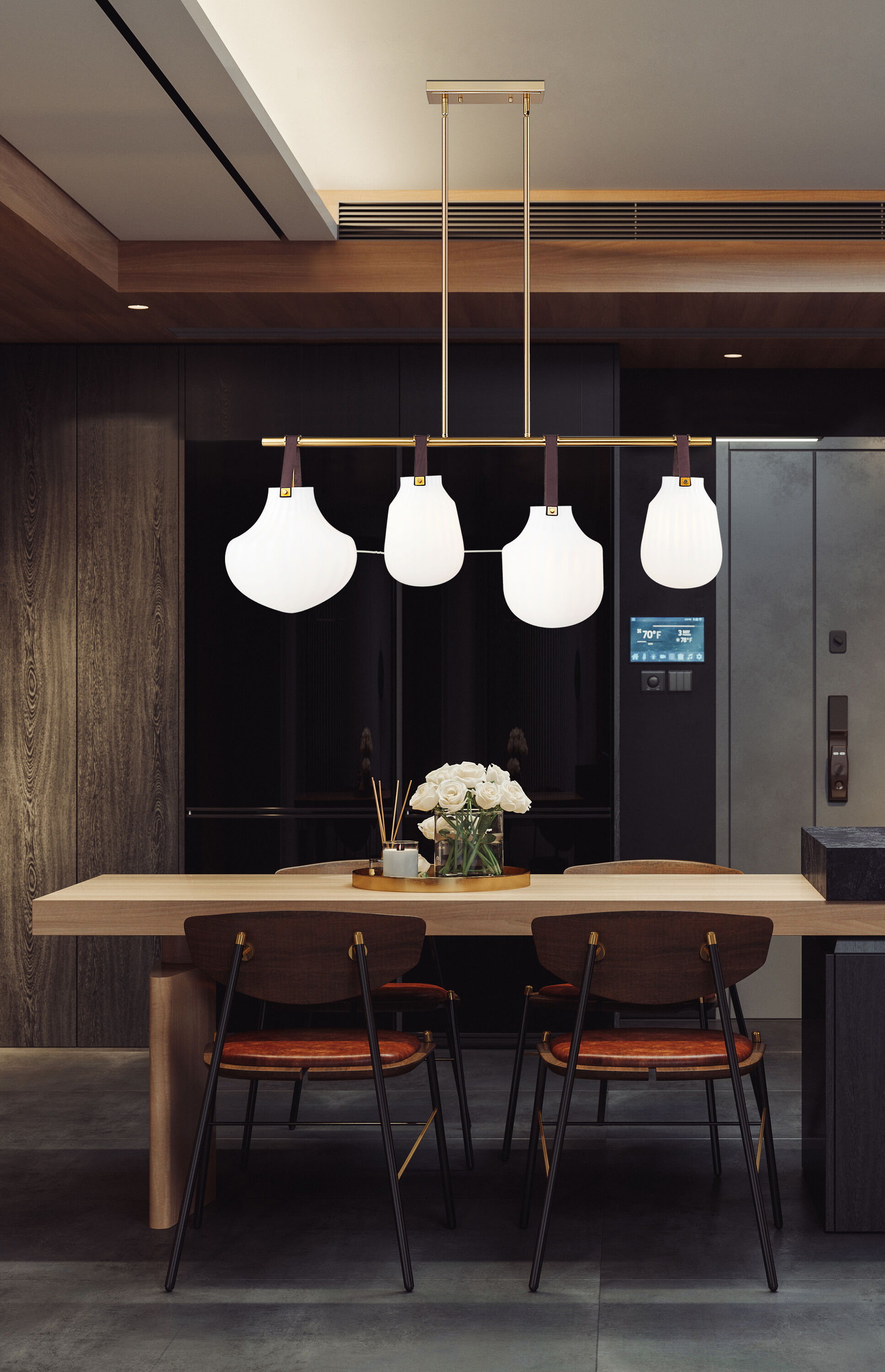 Modern Gold 4-Light Linear Chandelier with Glass Shades