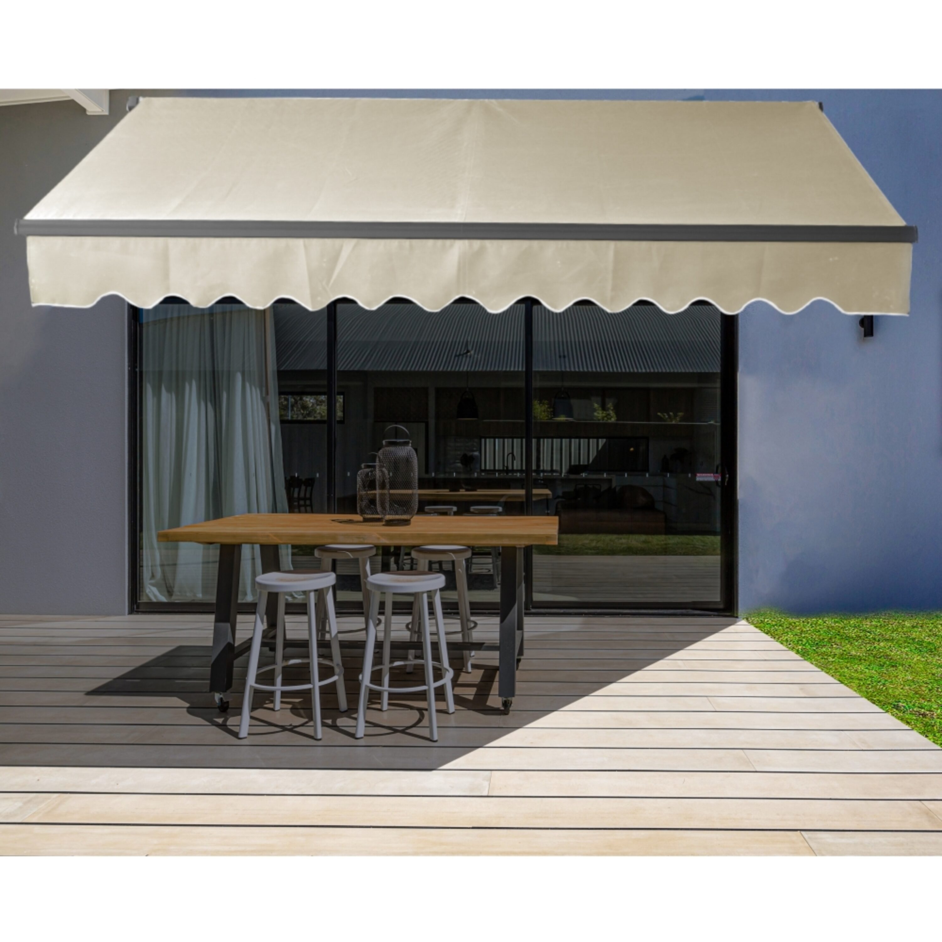 192-in Wide x 120-in Projection x 10-in Height Metal Ivory Solid Motorized Retractable Patio Awning Polyester | - ALEKO ABM16X10IVORY29-LO