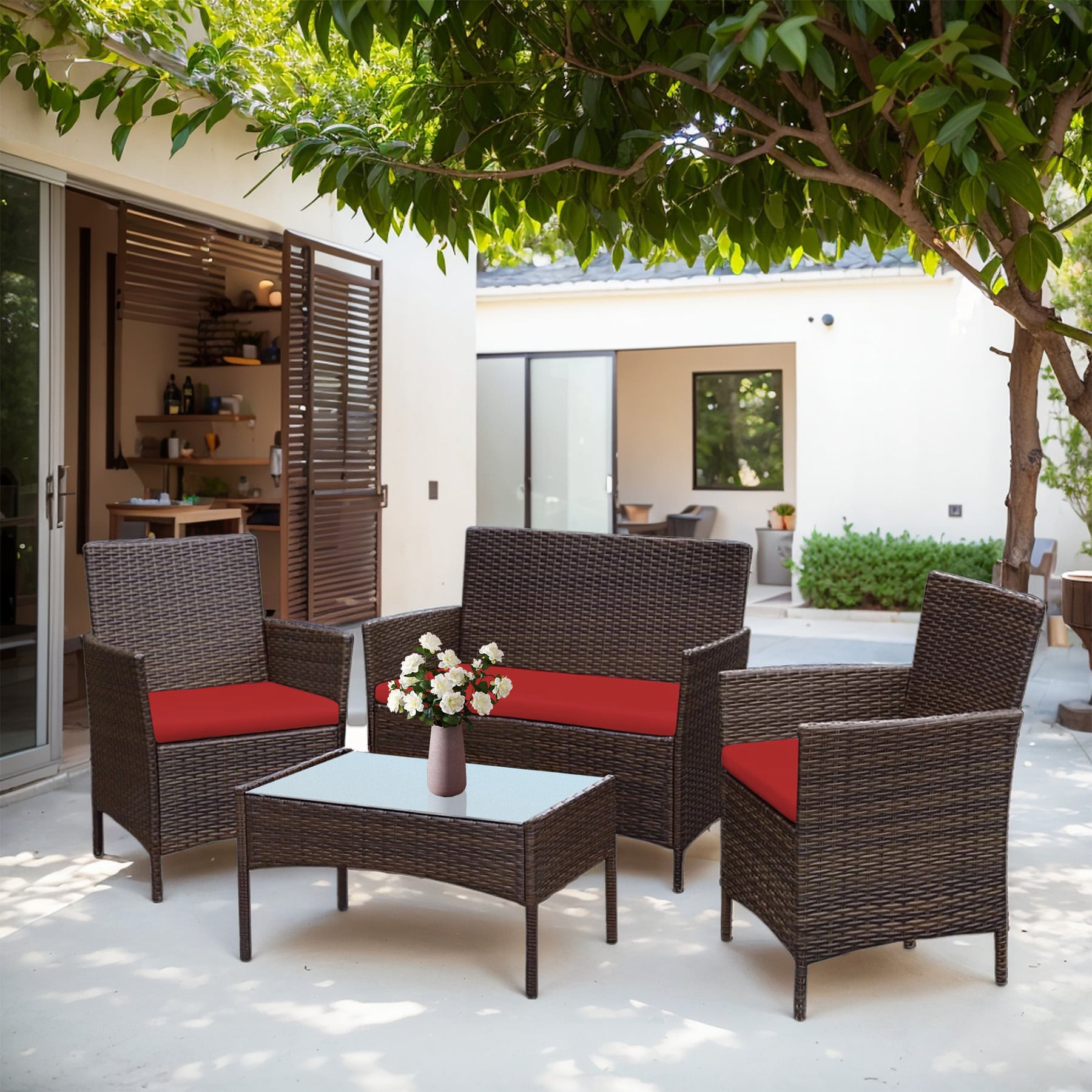 Grearden HZNF610-RD 4-Piece Wicker Patio Conversation Set with Red Cushions