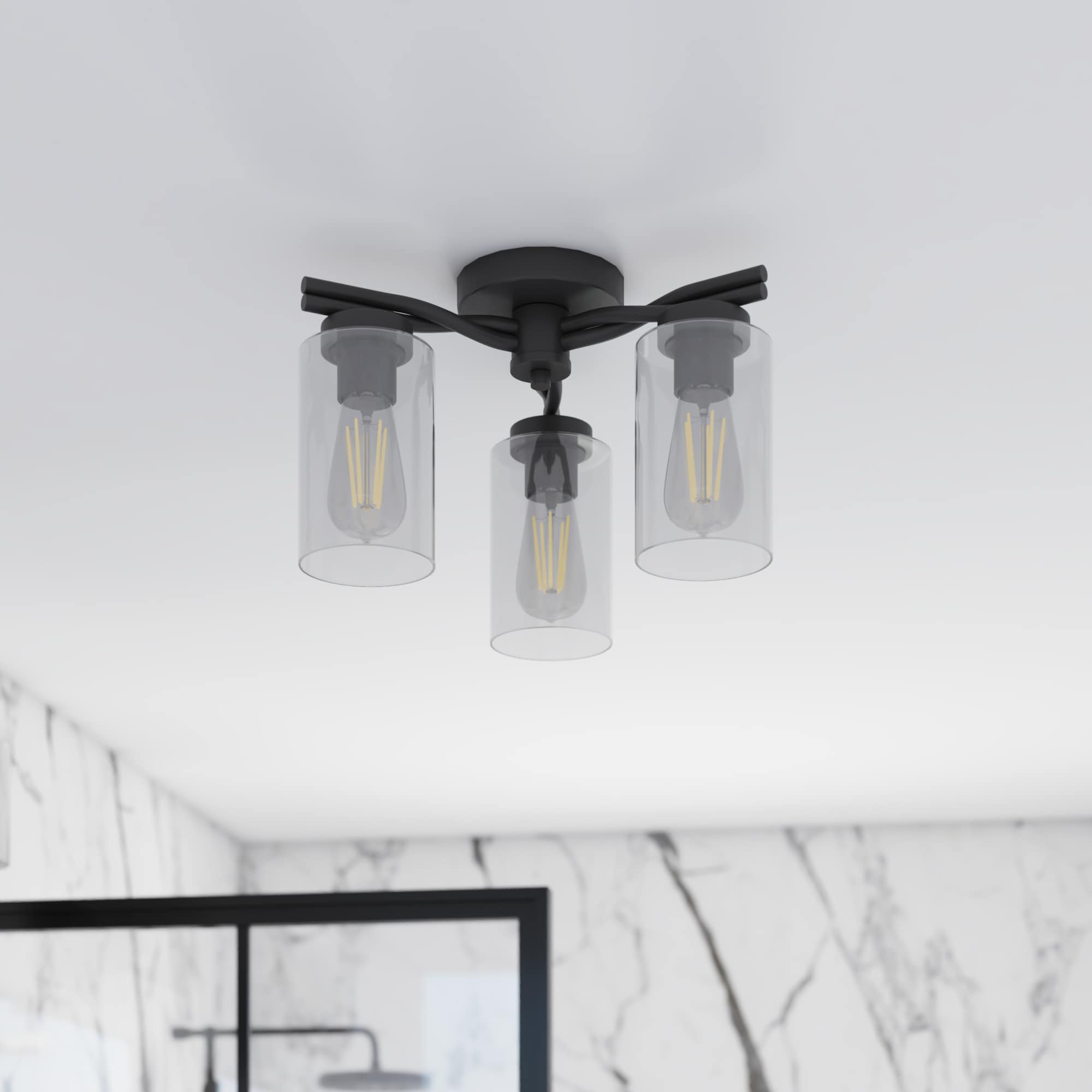 Matte Black 3-Light Semi-Flush Mount with Clear Glass Shades