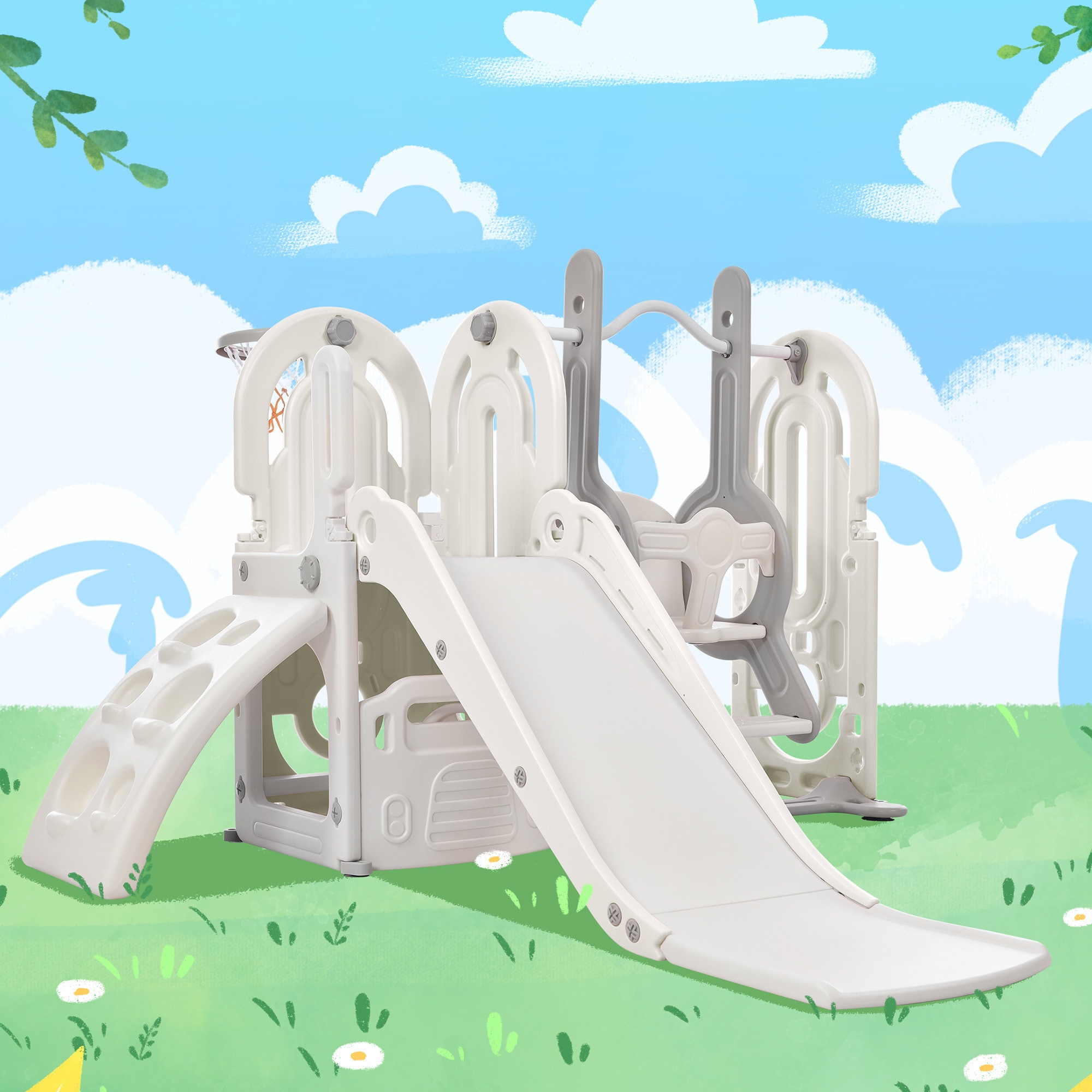 Siavonce XHIFTCG Toddler Slide and Swing Set 5 In 1, Kids Playground Climber Slide Playset with Basketball Hoop Freestanding Combination For Babies Indoor and Outdoor
