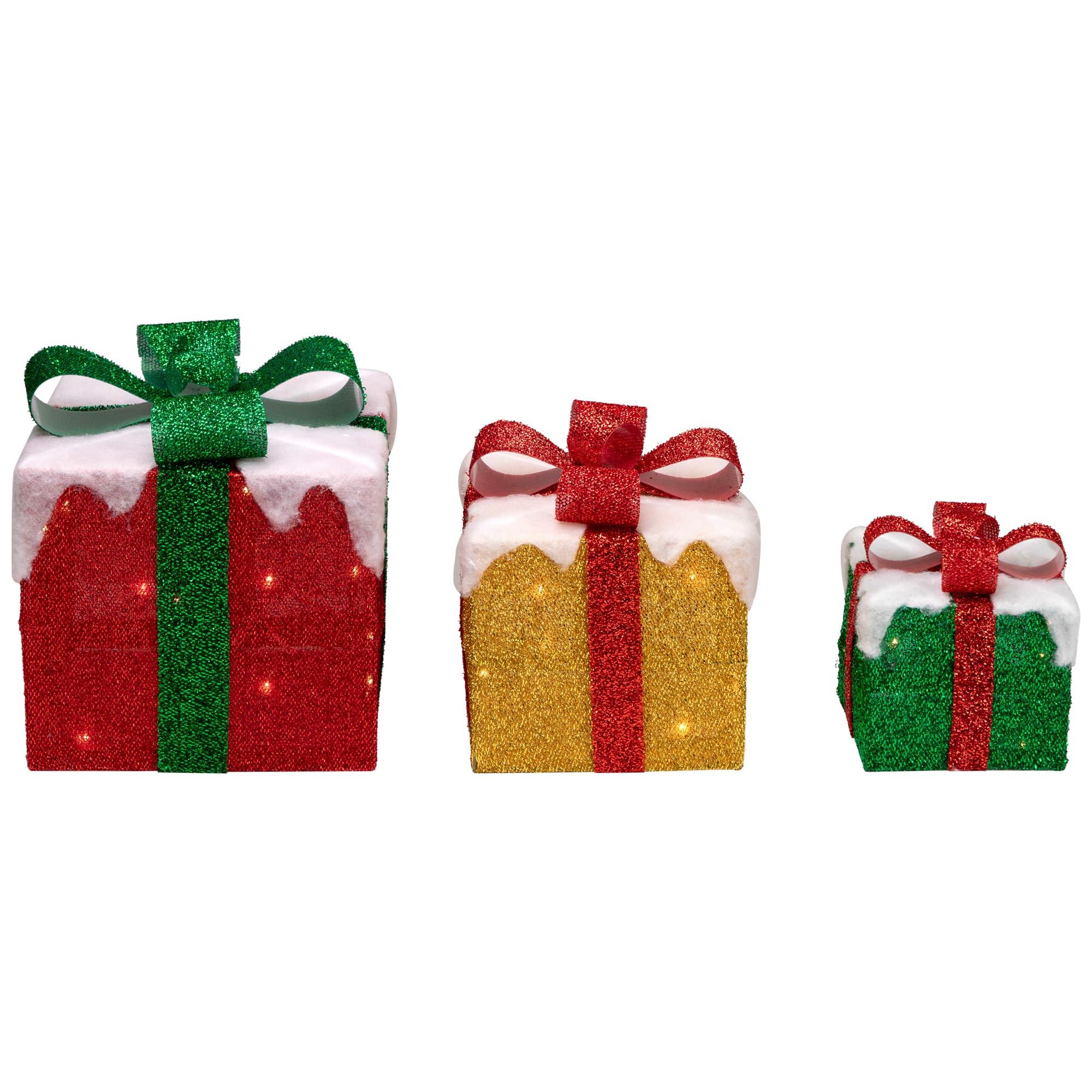 Northlight Set of 3 LED Lighted Green Gold and Red Snowy Gift Boxes ...