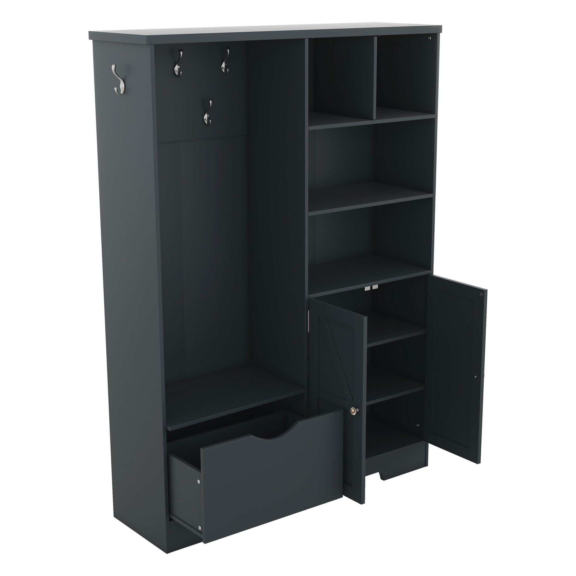 SINOFURN Antique Blue Hall Tree with Bench, Cabinet, Shelves, and Hooks - 73.2-in H x 52.7-in L x 15.7-in D