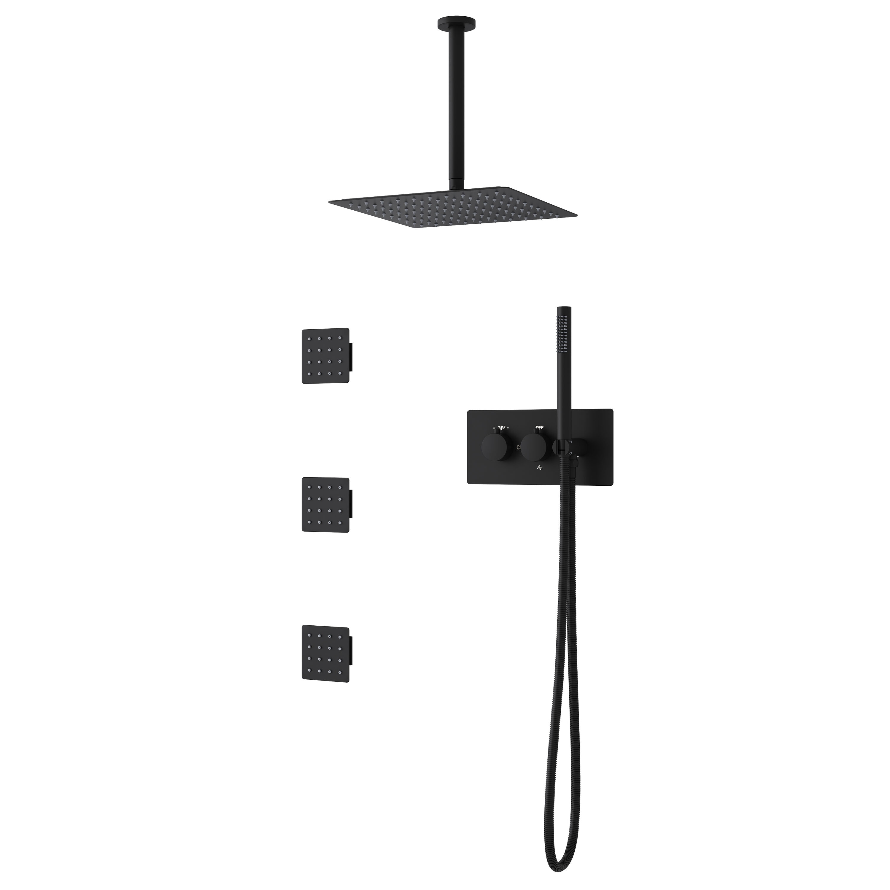 WELLFOR SPA-88003BG ZQ Matte Black 12-in Waterfall Built-In Shower Faucet System with 3-way Diverter ( Thermostatic Valve Included )