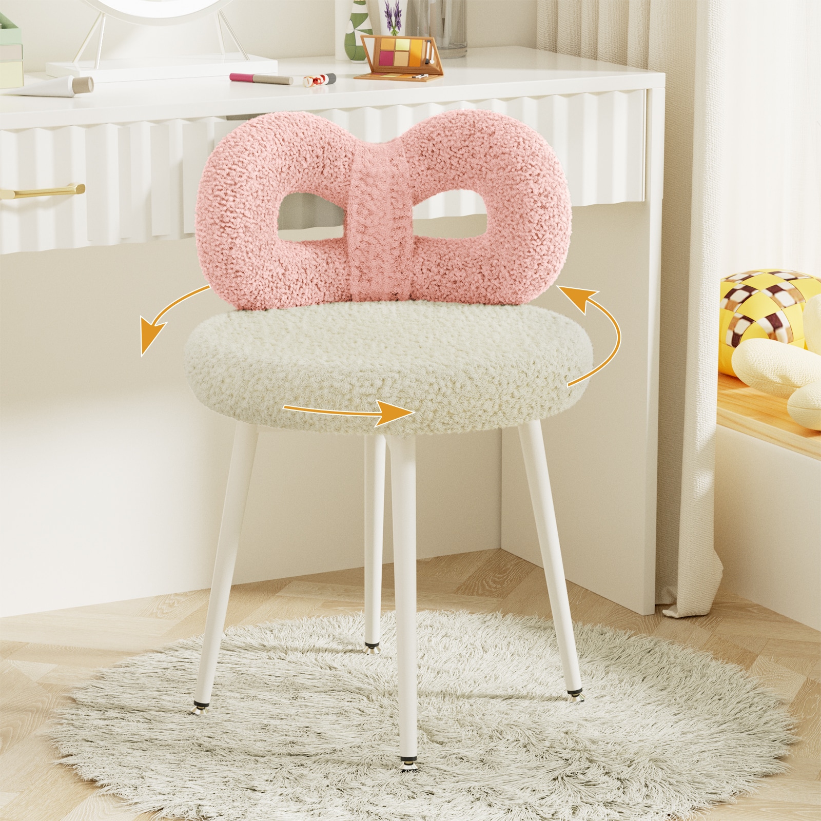 LOVMOR SWIVEL-CH-PW Vanity Chair with Back Swivel Makeup Chair No Wheels Bedroom Chair with Upholstered and Cute Bow Backrest