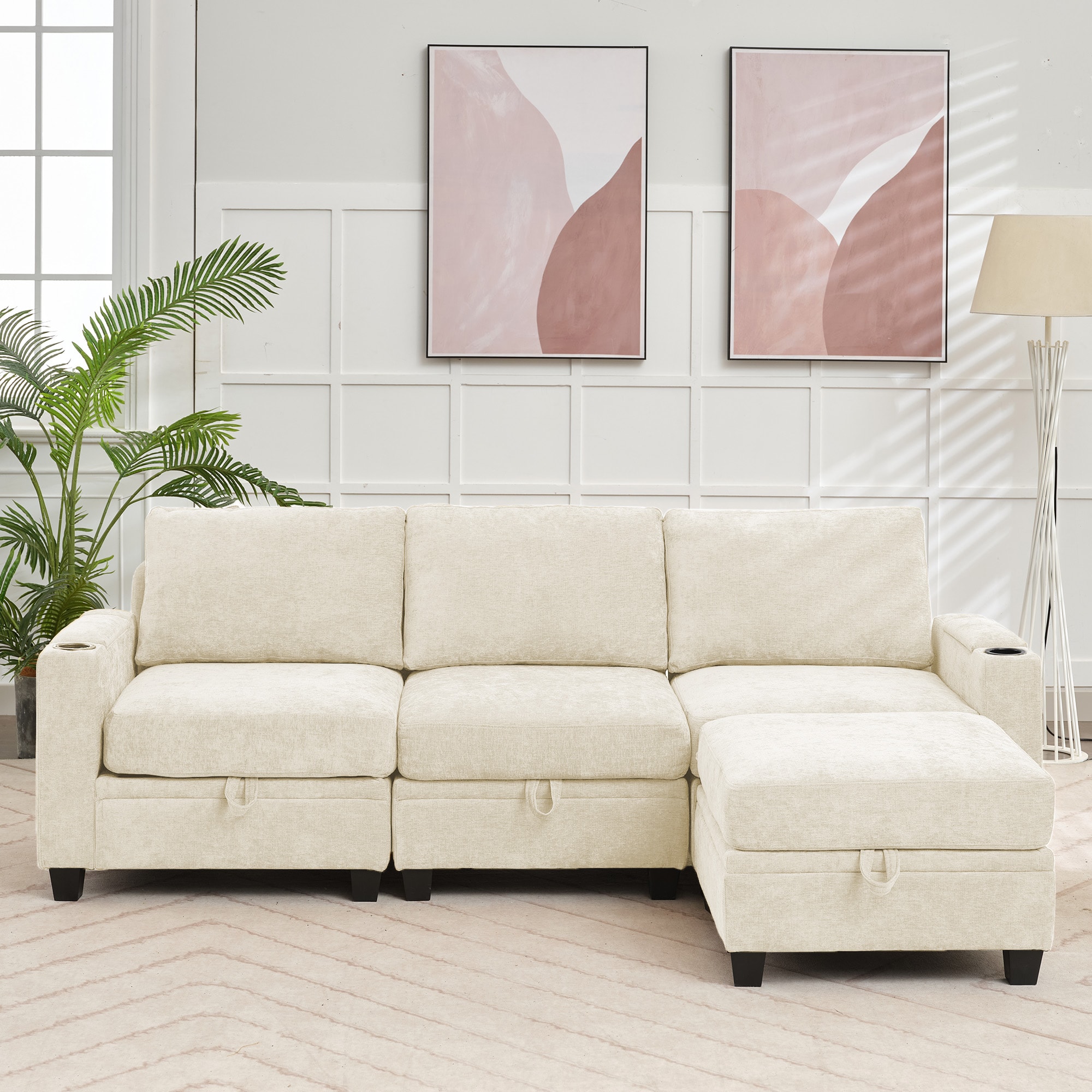 VOUA SAF-XNECW3-BE1 91-in Casual Off-white Chenille 3 -seater Sectional