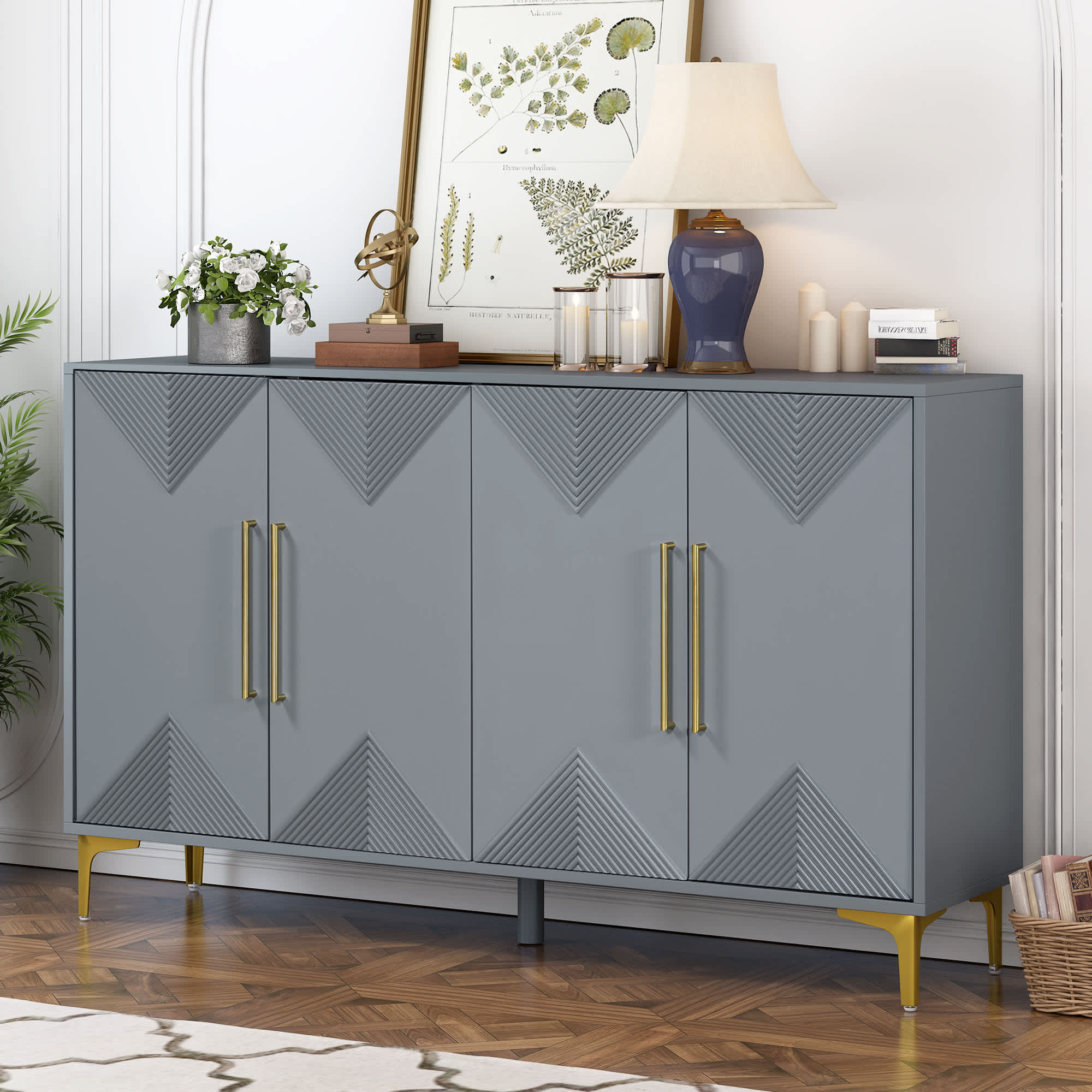 Vynxaria LESX1078-DJCW-GZ34 4 Door Cabinet   Two Tone Triangular Pattern Doors  Adjustable Shelves  for Entryway Hallway Living Room Gray