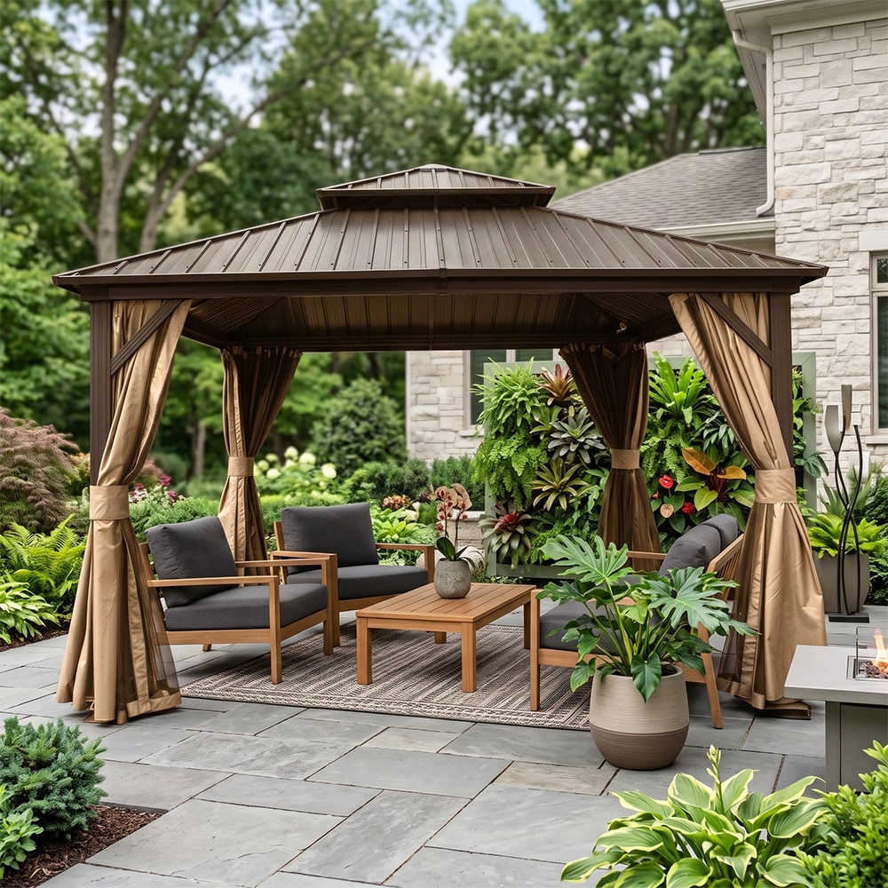 Coolbibila 12 x 12 Ventilated Brown Hardtop Aluminum Square Gazebo with ...