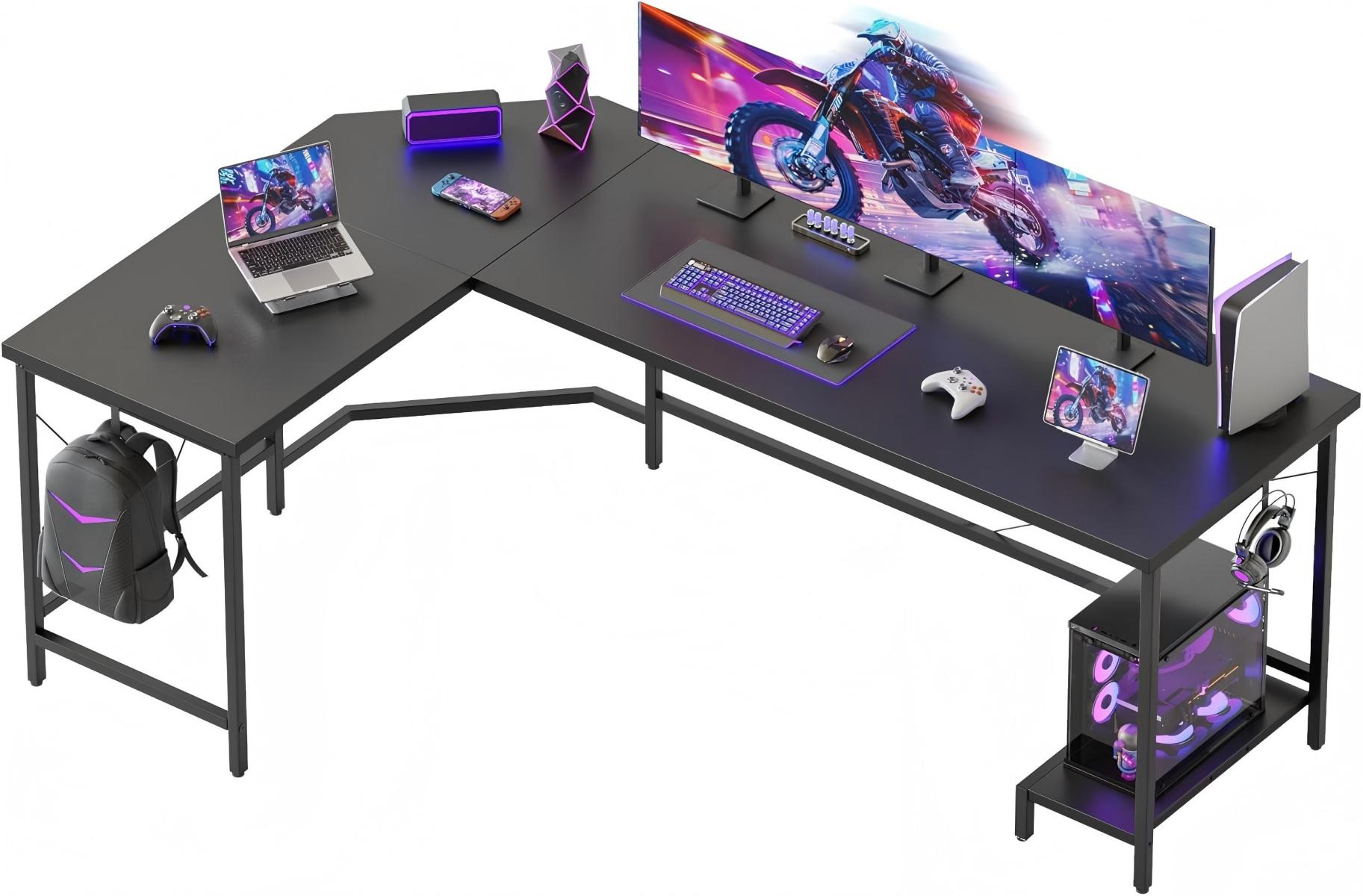66 Inch L Shaped Gaming Desk Corner Computer Desk Space Saving Workstation with Removable CPU Stand Metal Frame Black