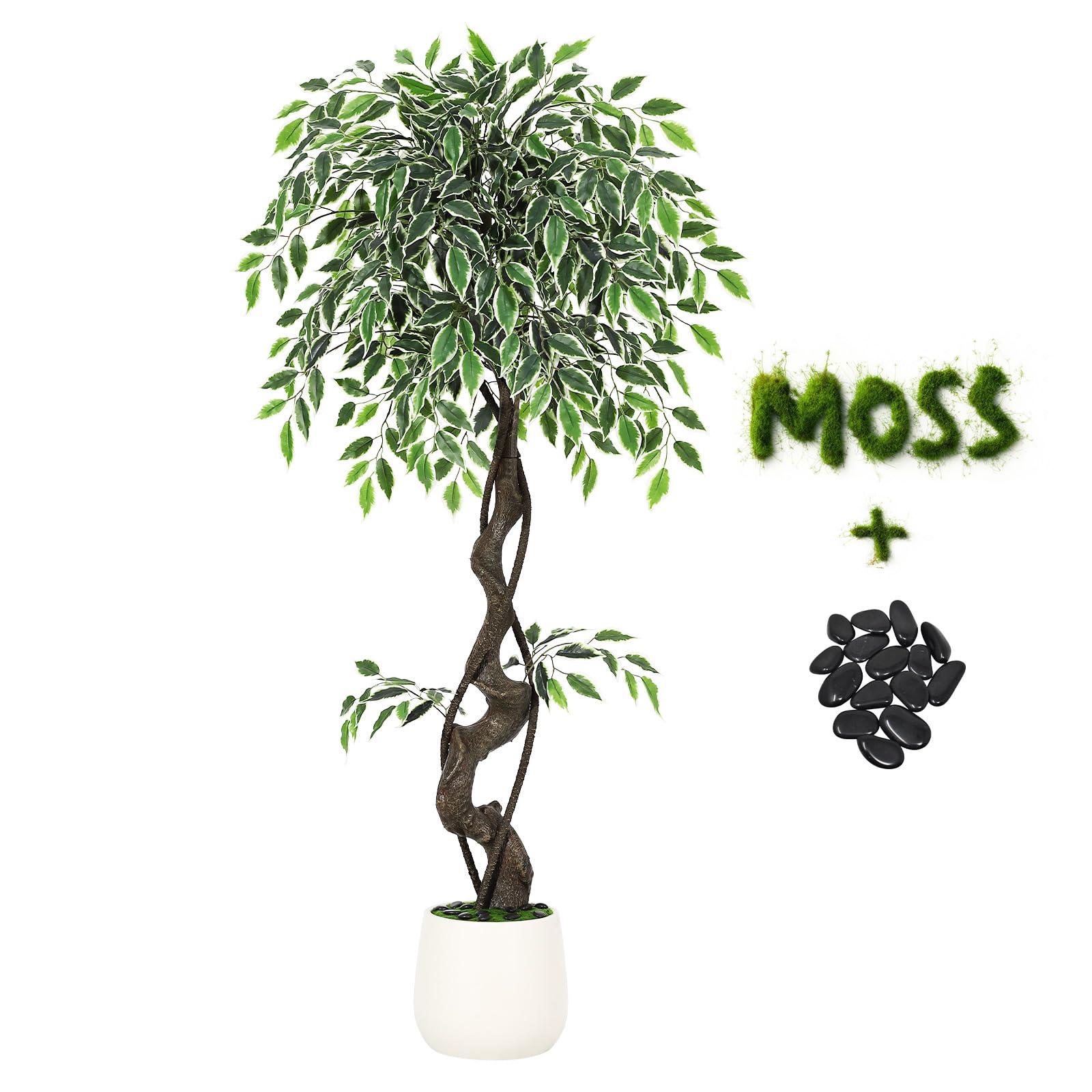 IdealHouse - 4FT Artificial Ficus Tree in White Imitation Ceramic Planter with Pebbles and Moss L...