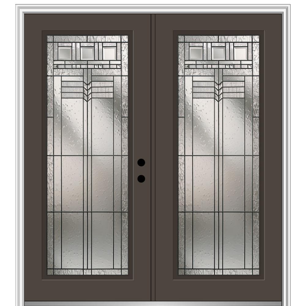 MMI DOOR ZZ3665171L 64-in x 80-in x 6-9/16-in Fiberglass Full lite Left-hand inswing Brown Painted Prehung Double Front Door with Brickmould Insulating core