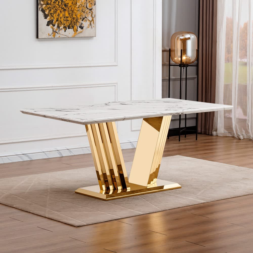 Coolbibila CARMEN-TABLE-WHITE 70 Inch White Faux Marble Rectangular Dining Table with Gold Stainless Steel Base for Dining Room