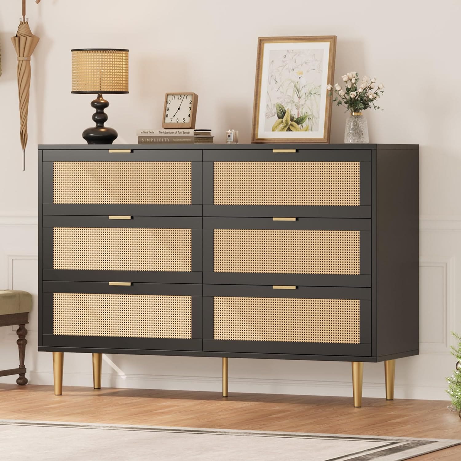 Qeetex YJCJ-PHO-16JONX5V Rattan 6 Drawer Dresser  Wide Double Dresser with Gold Handles and Legs  Modern Chest with Large Storage for Bedroom or Living Room  Black