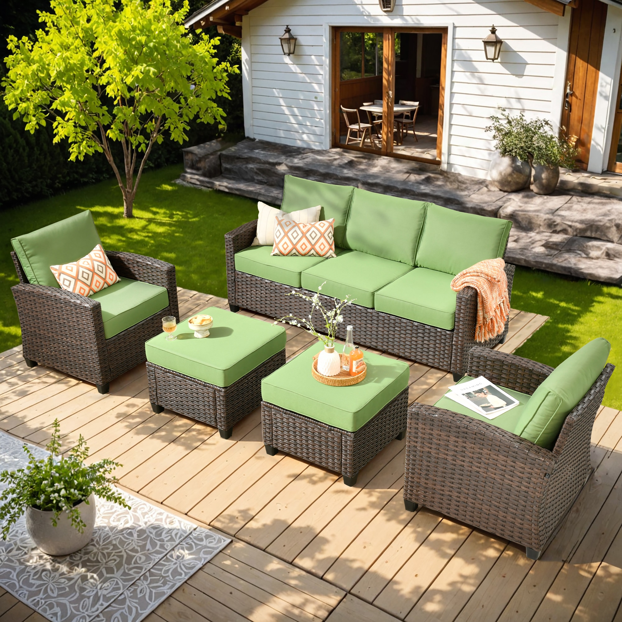 Ovios PR900 5 -Piece Wicker Patio Sofa Conversation Set with Green Cushions
