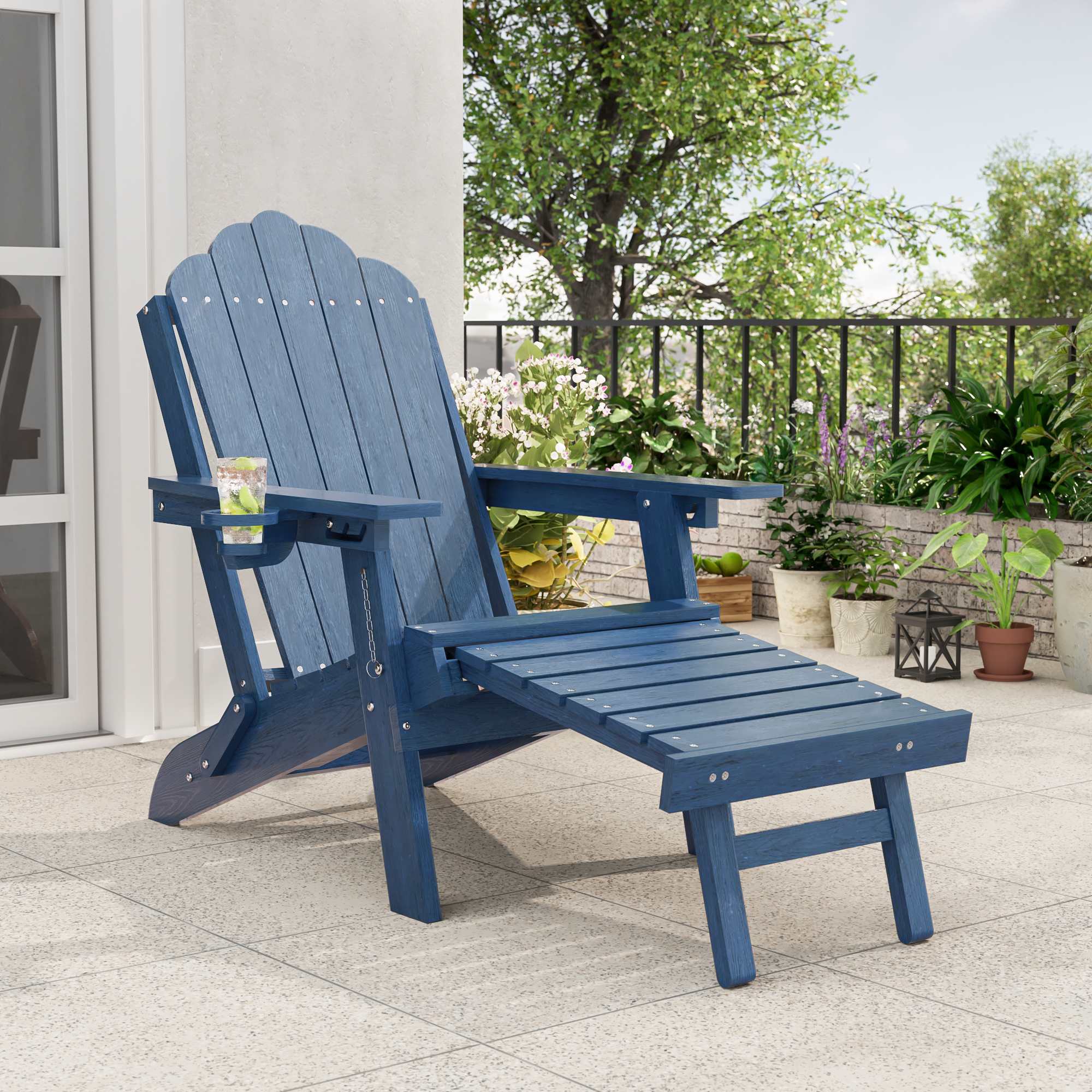 Aok Garden - Folding Adirondack Chair HDPE Frame with Retractable Ottoman and Cup Holder Navy Blue