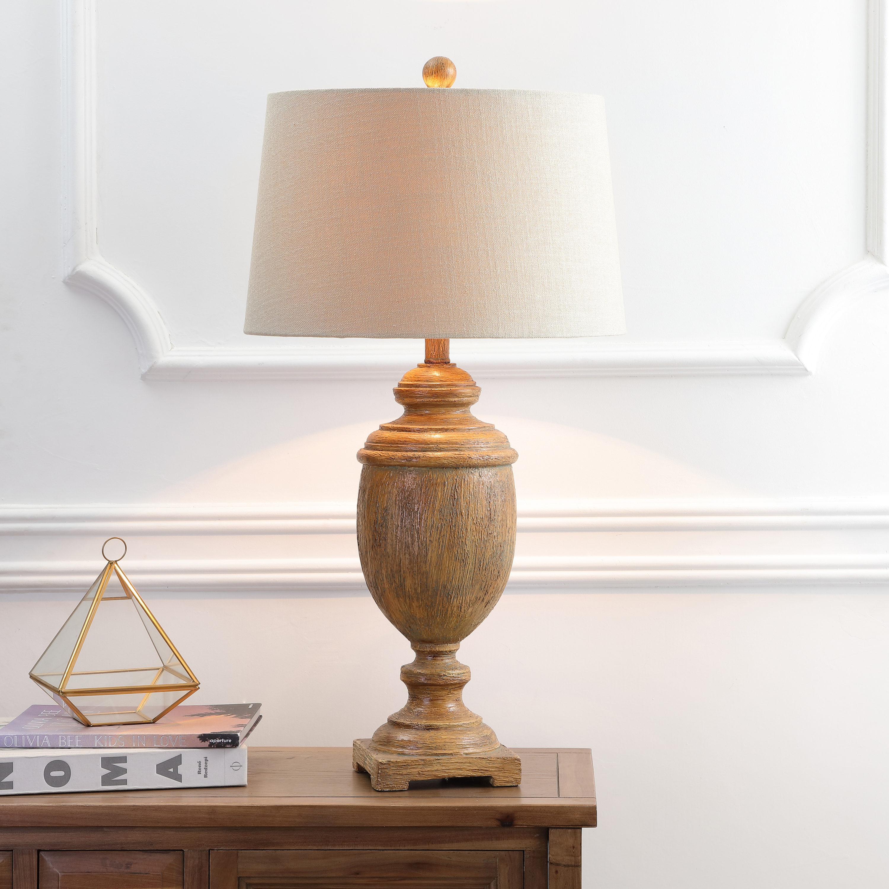 JONATHAN  Y JYL1007A Kennedy Resin Farmhhouse/Rustic 30.5-in Brown LED Incandescent Rotary socket Table Lamp with Linen Shade