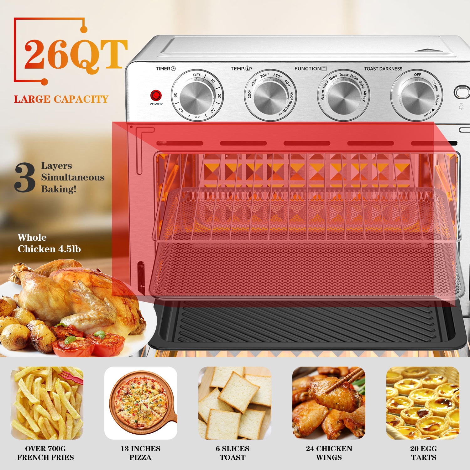 Kalamera 20 qt. 1700-Watt White Air Fryer Toaster Oven Preset Menu Program Cavity