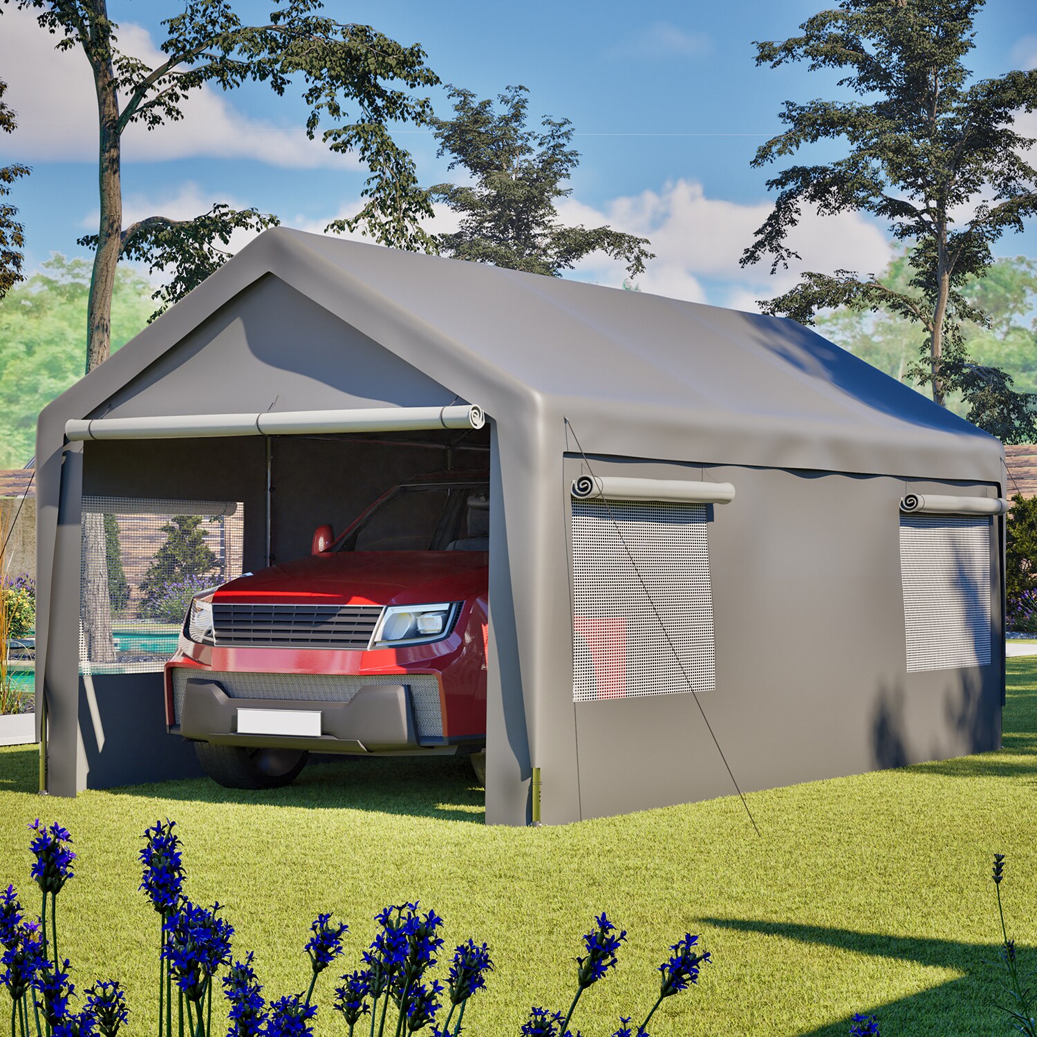 GZMR GM-VC-47980 10x20 FT Heavy Duty Carport Canopy 10-ft W x 20-ft L x 9.08-ft H Gray Metal Carport with Polycarbonate Roof