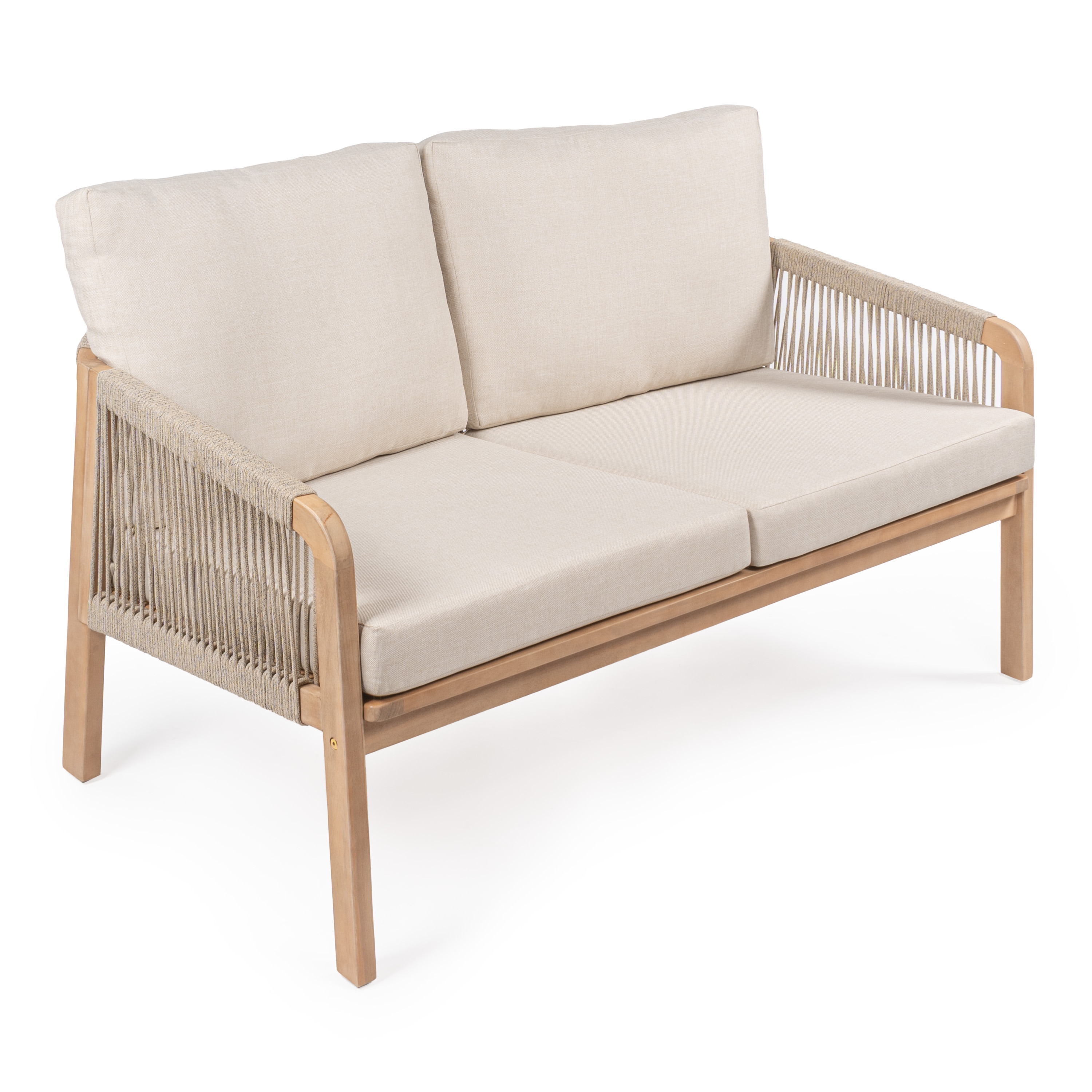 JONATHAN  Y SFB1001A Arwen Roped Acacia Modern Bohemian Outdoor Loveseat with Beige Cushions and Wood Frame