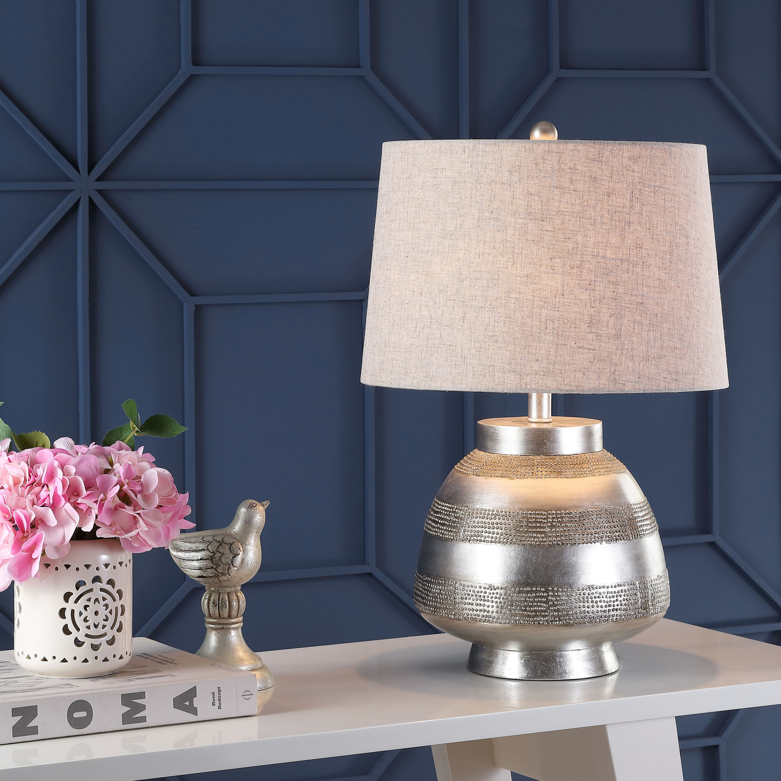 JONATHAN  Y JYL3038A Ziggy Resin Transitional 24-in Antique Silver LED Incandescent Rotary socket Table Lamp with Linen Shade