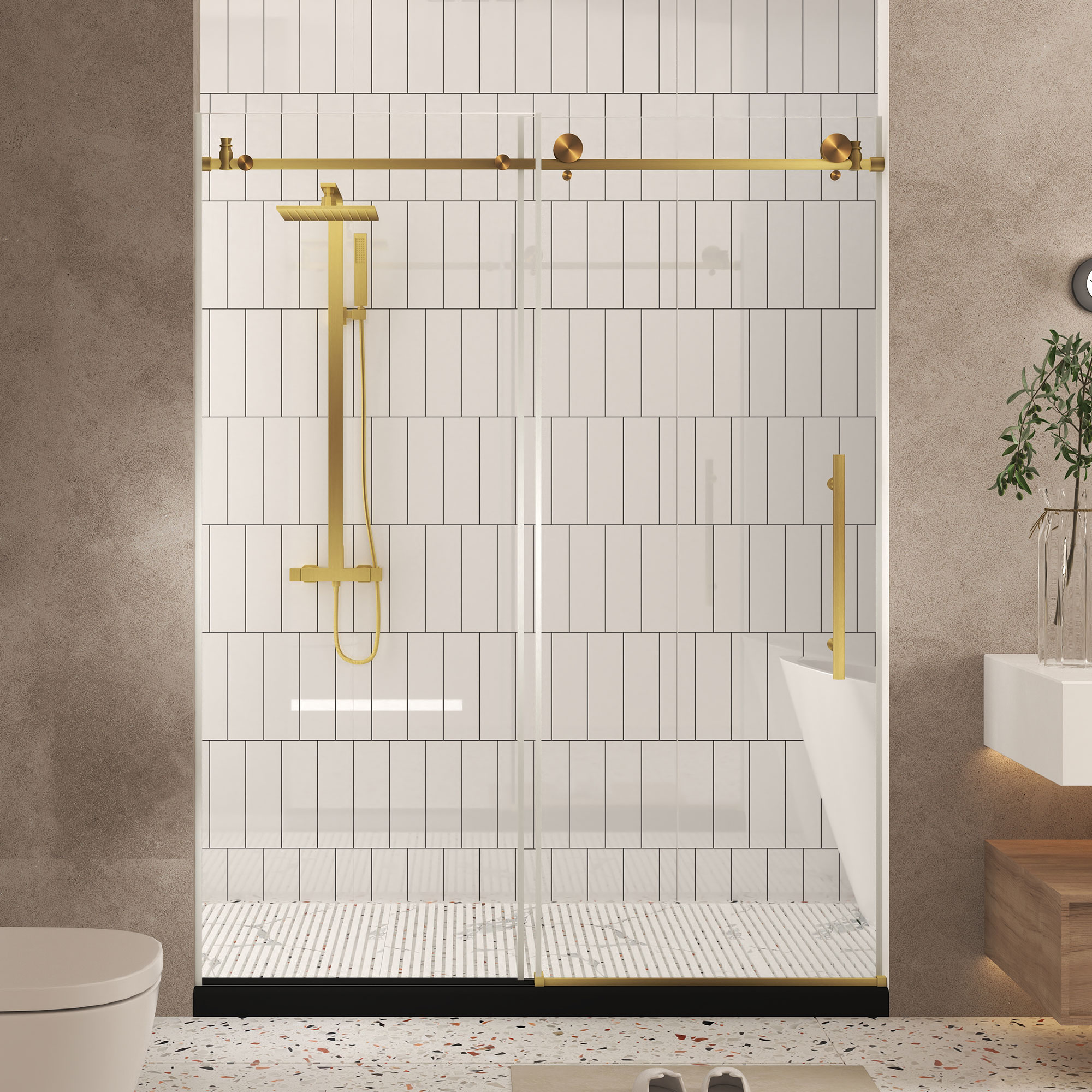 Vynxaria - 56-in to 60-in W x 76-in H Frameless Sliding Brushed Gold Shower Door with 1/4-in (6mm...