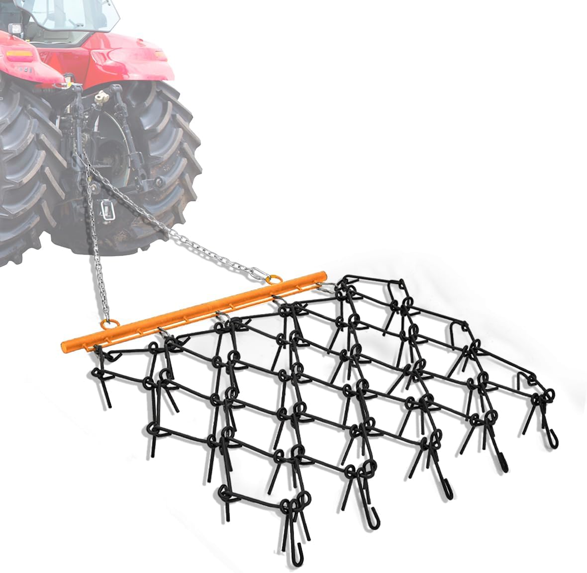 Qeetex O0-PPG-33FDIWJ6 5 Feet by 4 Feet Heavy Duty Chain Drag Harrow with Three Eight Inch Steel Tines for ATV UTV Lawn Tractor Attachments Leveling Grading Soil Preparation Garden Field Yard Driveway Maintenance Black