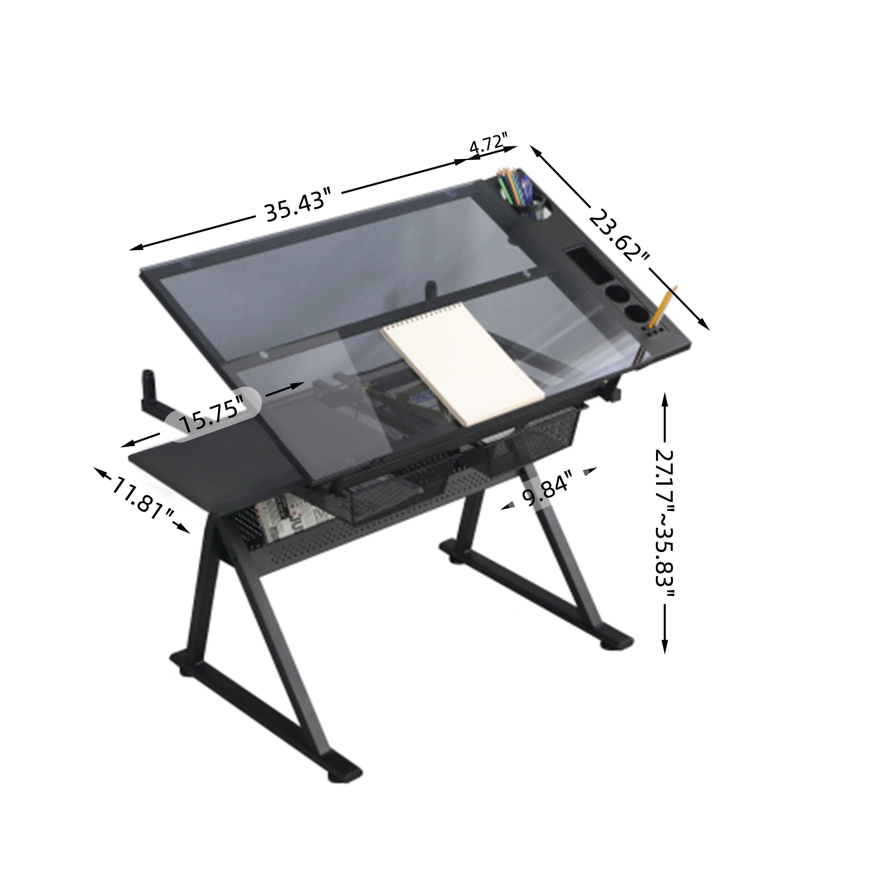 Huluwat Drafting Table 0-75 degree Adjustable Glass Top Artist Table Height Adjustable Drafting Desk with Large Storage for Painting and Crafting Ideal for Designers and Art Students black