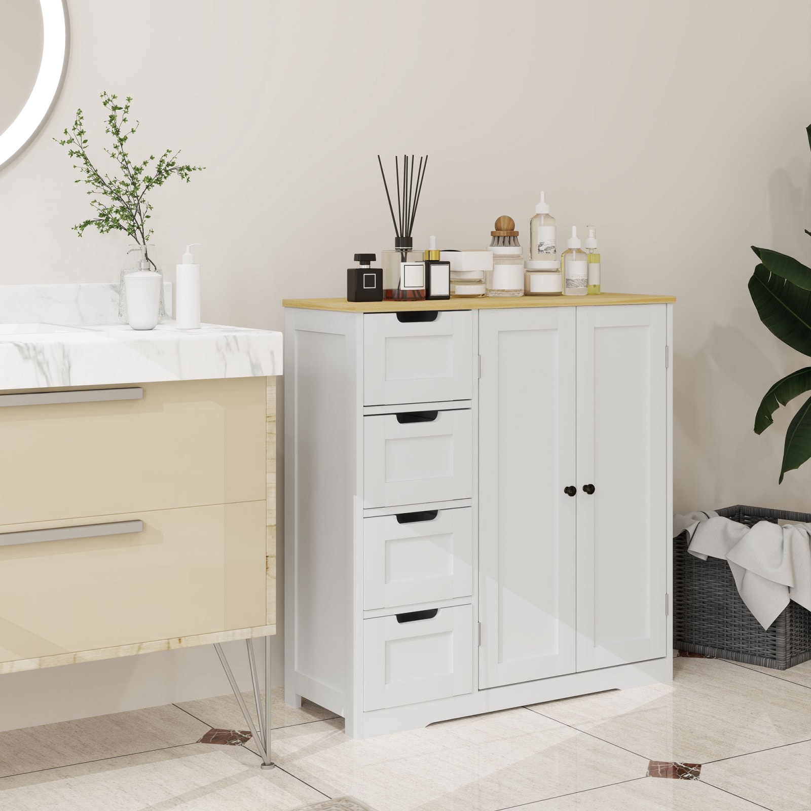 GlasFlength  Freestanding Bathroom Floor Cabinet with Storage Drawers Adjustable Shelf and Double Doors Modern Bathroom Storage Organizer for Home White