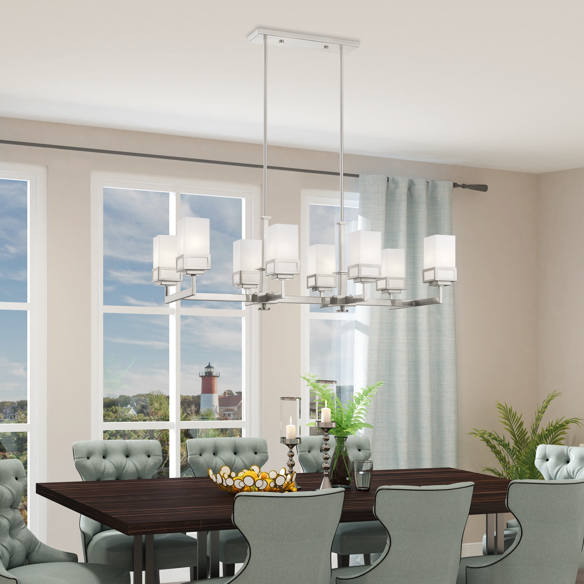 Elegant Harding 8-Light Linear Chandelier with Satin Opal White Glass
