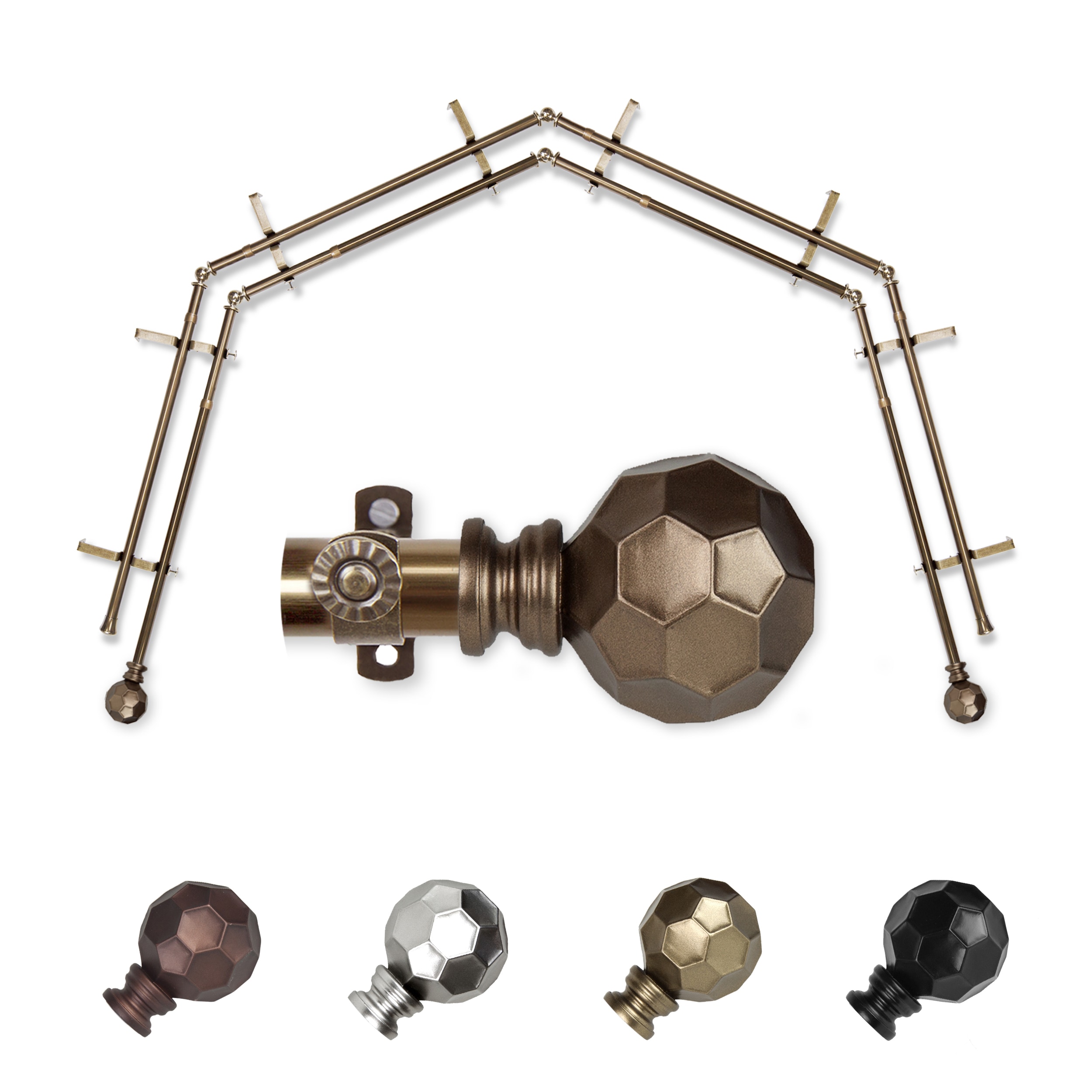 Hart & Harlow L-4BAY-90-4D Massimo 4-Sided Double Bay Antique brass Steel Bay window curtain rod with Finials