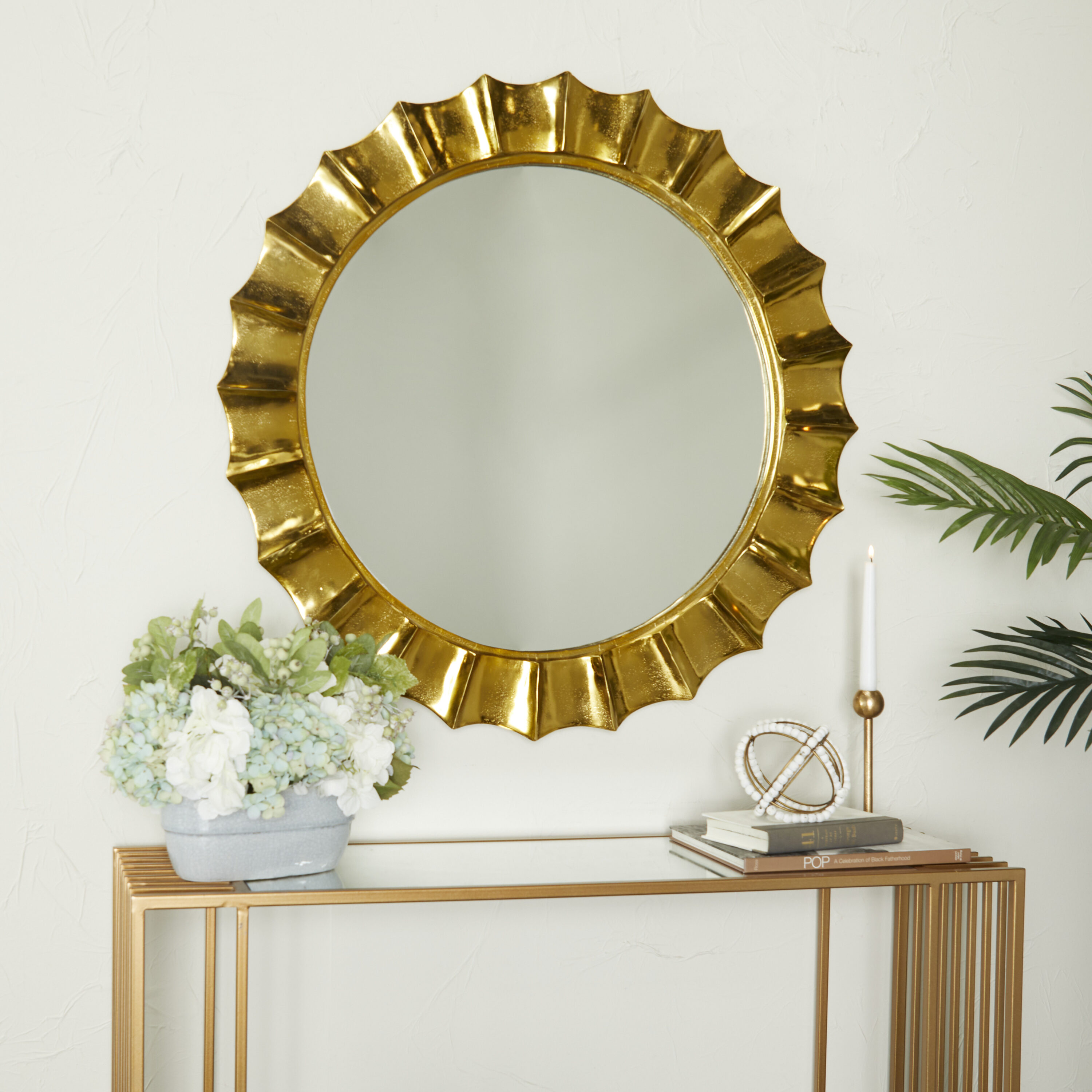 35-Inch Round Gold Sunburst Wall Mirror with Metal Frame