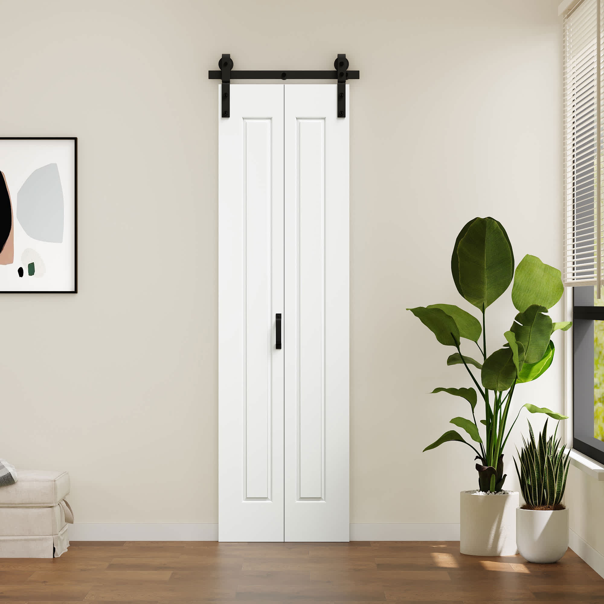 HYALON - 1 Paneled White Finished Composite MDF Bi-Fold Sliding Barn Door with Hardware Kit 24-in...