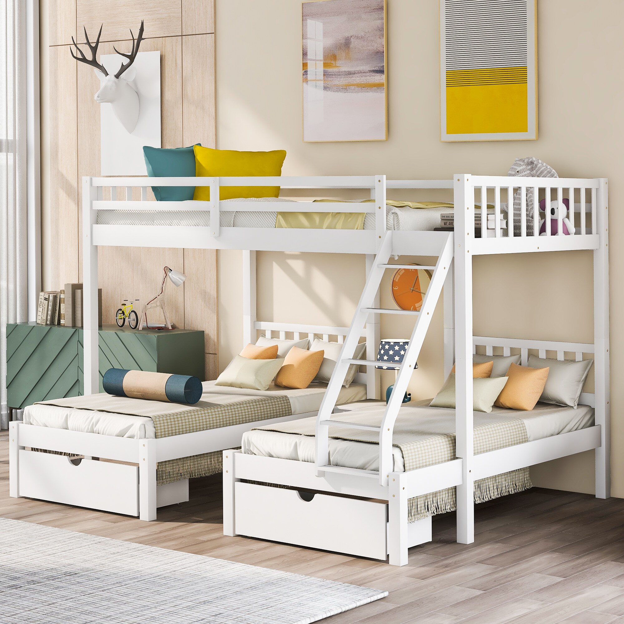 ModernLuxe LT000343AAK Full Over Twin  Twin Bunk Bed Wood Triple Bunk Bed with Drawers and Guardrails White
