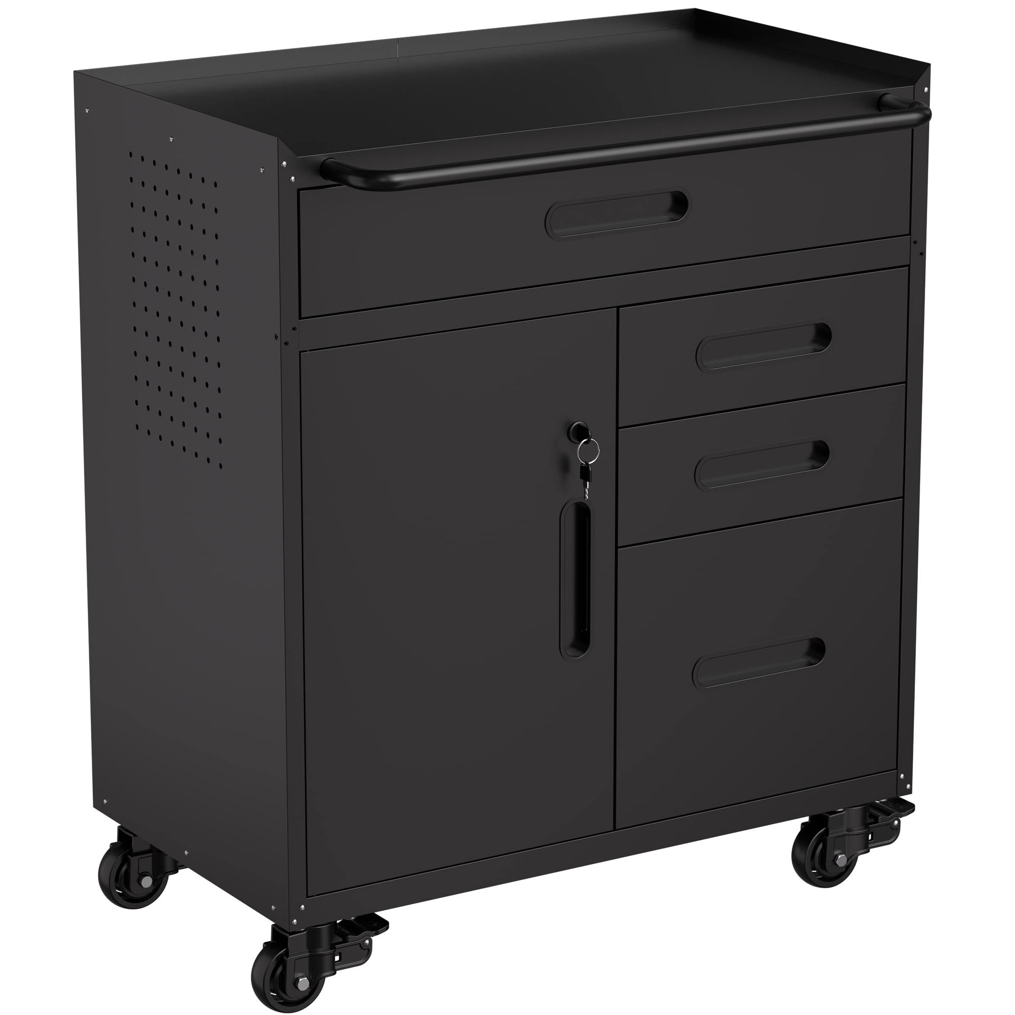 GLANZEND  Tool Cabinet 4 Drawer Metal Tool Storage Cabinet Rolling Compartment Storage Lockable Storage Pegboard Tool Rack for Garage and Workshop Storage Black Secure Tool Storage