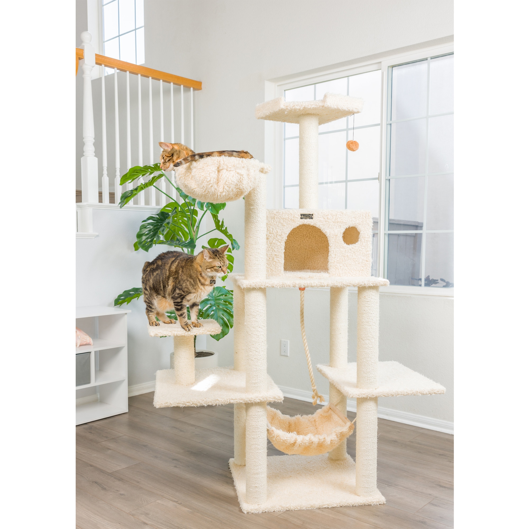 69'' Beige Sisal and Faux Fur Multi-Level Cat Tree
