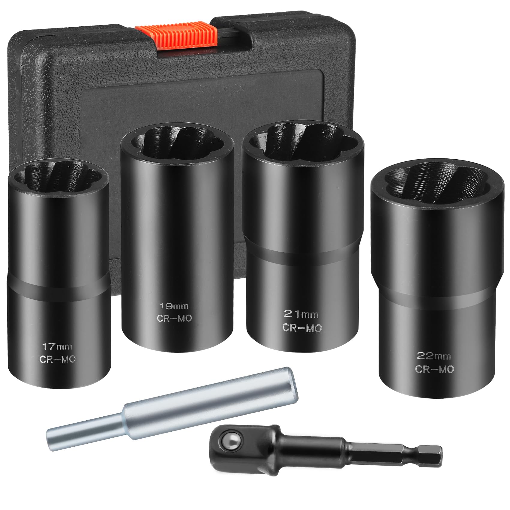 UUDULY  Twist Socket Set 6 pcs Lug Nut Remover Kit Impact Bolt Extractor for Damaged Rusted Rounded Bolts Nuts Screws 17mm 19mm 21mm 22mm Adapter