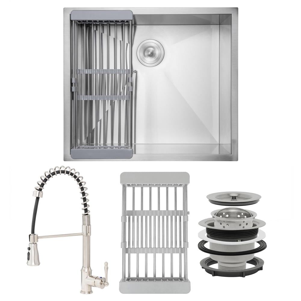 AKDY KS0404 All-in-One Undermount 25-in x 22-in Brushed Stainless Steel Single Bowl Kitchen Sink All-in-one Kit