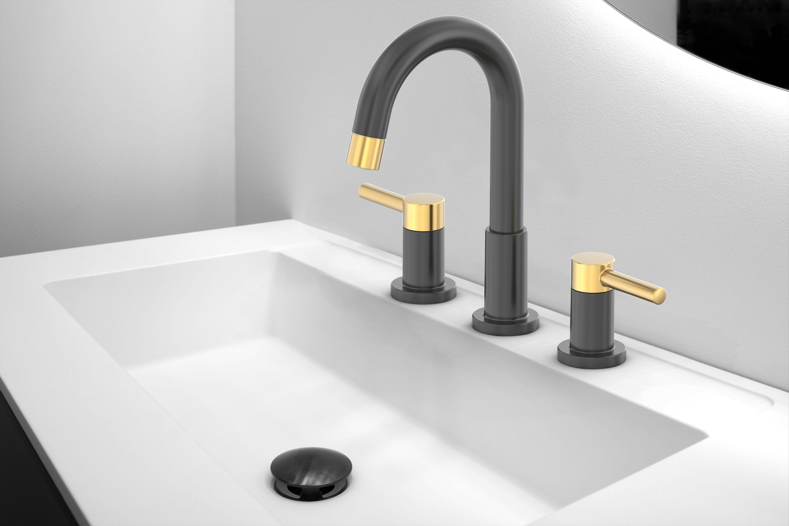allen + roth 67485W-629068 Harlow Matte Black+Brushed gold Widespread 2-handle WaterSense Mid-arc Residential Handle Pull-down Bathroom Sink Faucet with Drain