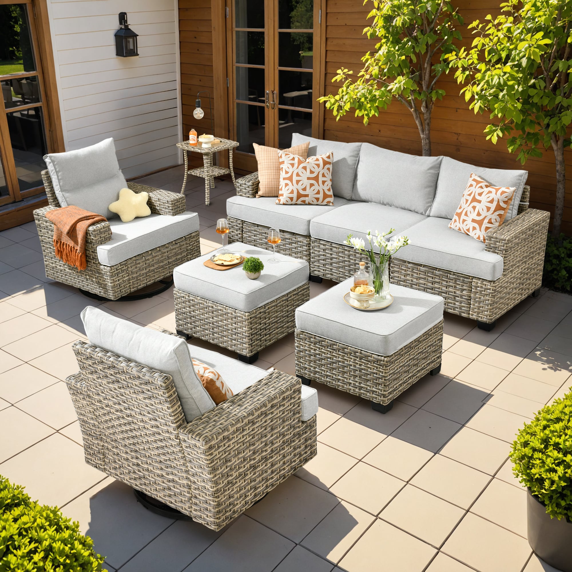 Ovios TS408Y 8 -Piece Wicker Patio Sofa Conversation Set with Light Gray Cushions