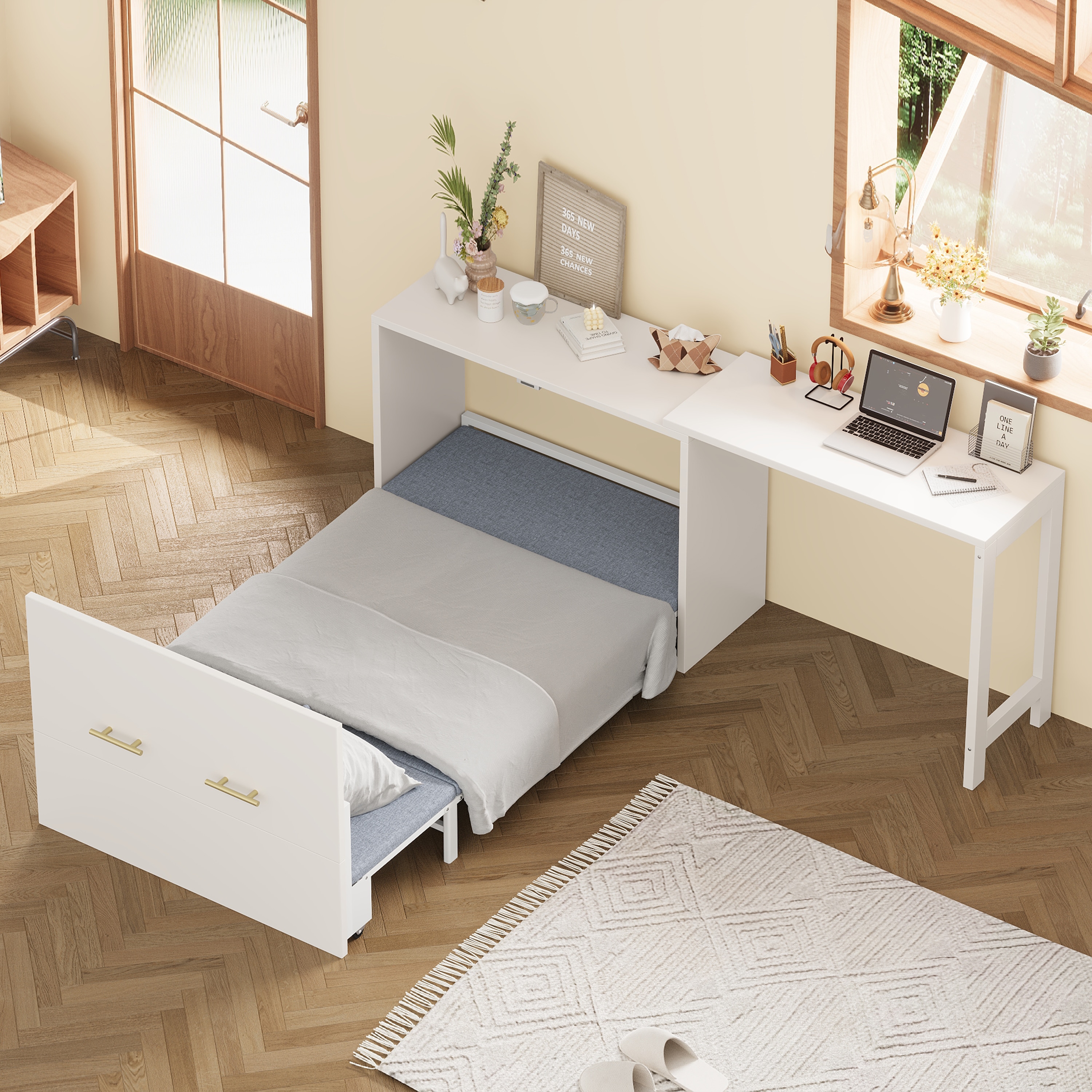 LOVMOR SF-Y-N733P272603K Twin Size Murphy Cabinet Bed with Adjustable Position Desk Murphy Chest Dresser Bed with Foldable Cushion for Guest RoomSmall Space White