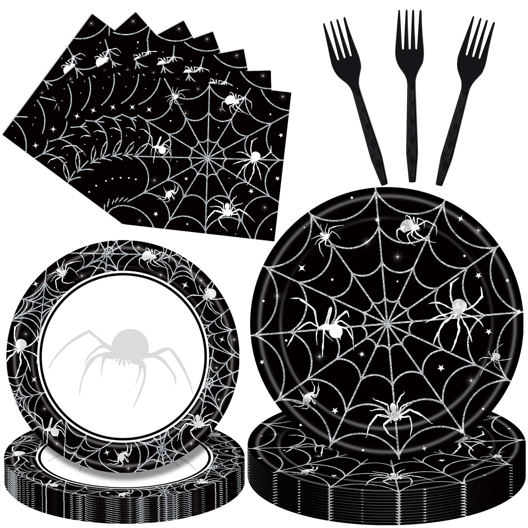 Numhew NHLYNN30153 96pc Spider Web Black Disposable Halloween Tableware Set Plates Napkins Forks