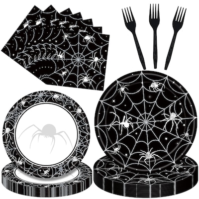 Numhew 96pc Spider Web Black Disposable Halloween Tableware Set Plates Napkins Forks