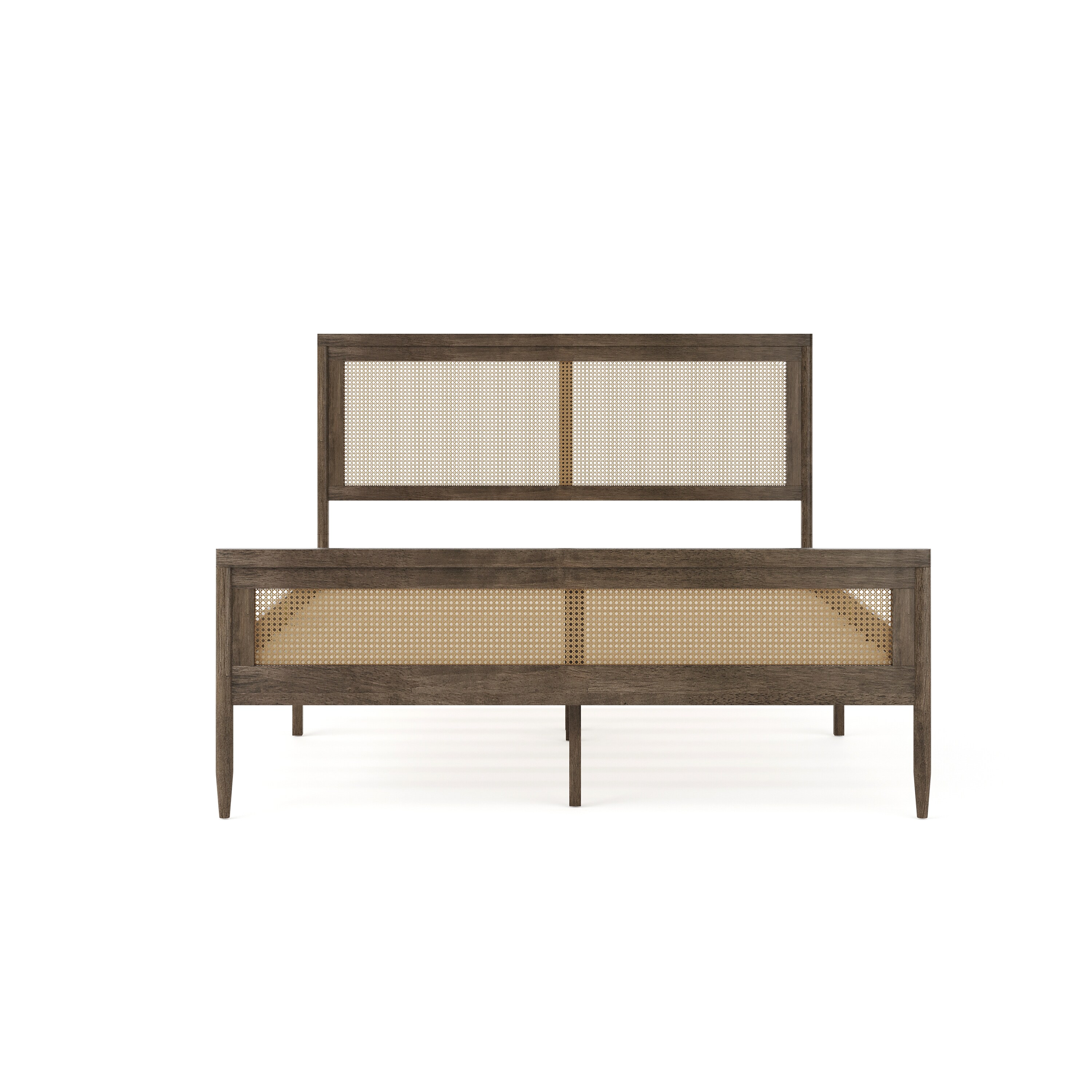 Brown Gray Queen Wood Platform Bed with Rattan Headboard and Footboard