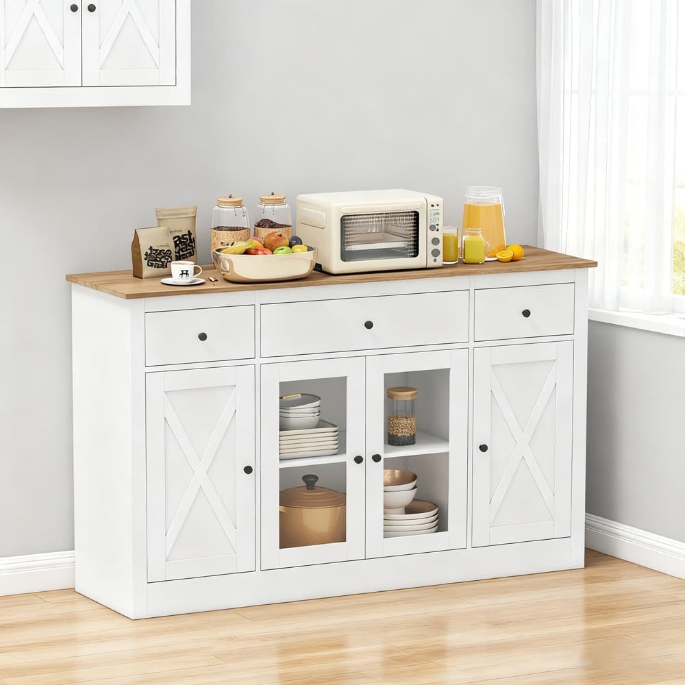 VERYKE  55 inch Large Buffet Sideboard Kitchen Storage Cabinet with 3 Drawers and Adjustable Shelves