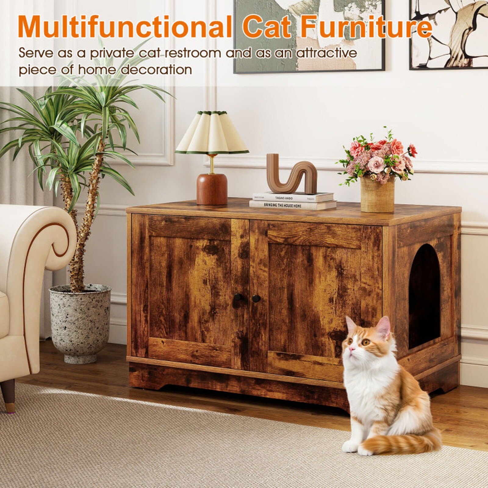 SUGIFT Cat Litter Box Enclosure Furniture 31.5-in Wooden Cat House with ...